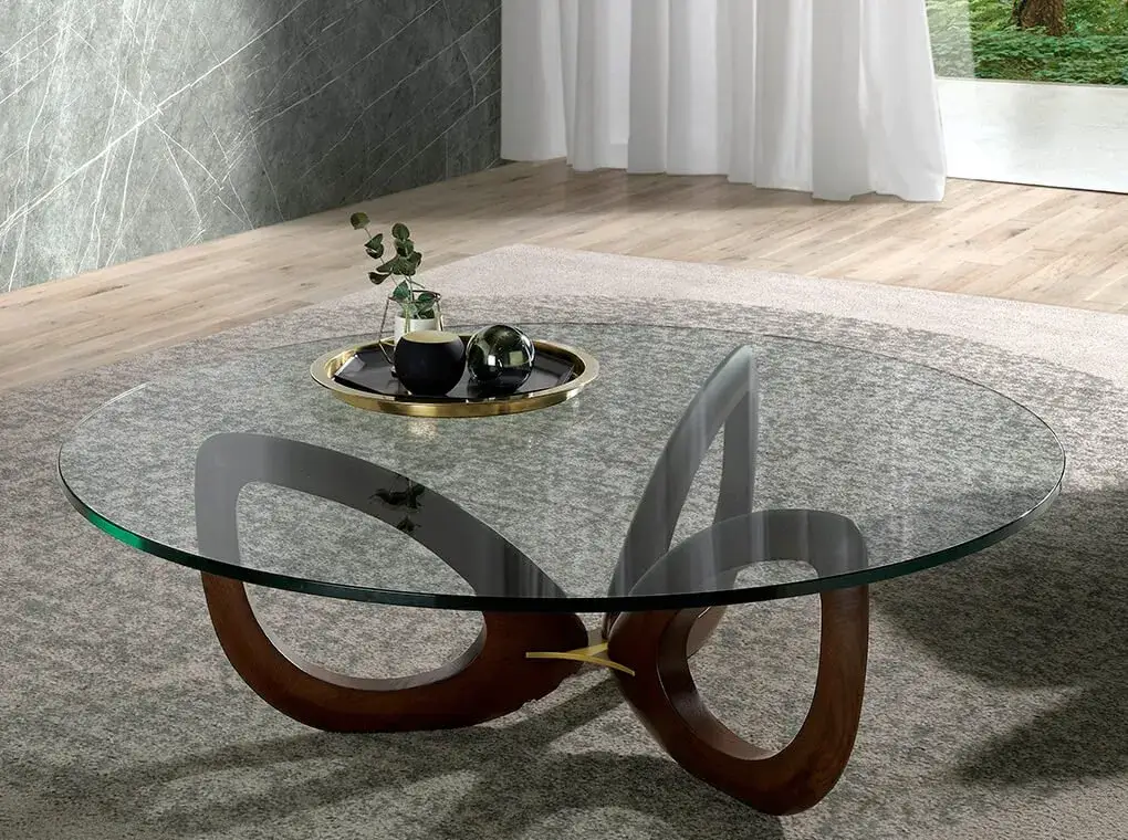 Bàn trà phòng khách bằng chất liệu gỗ và kính, thiết kế tròn mặt đẹp mắt