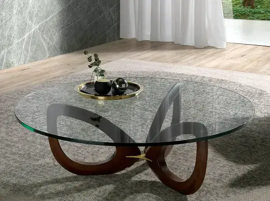 Bàn trà phòng khách bằng chất liệu gỗ và kính, thiết kế tròn mặt đẹp mắt