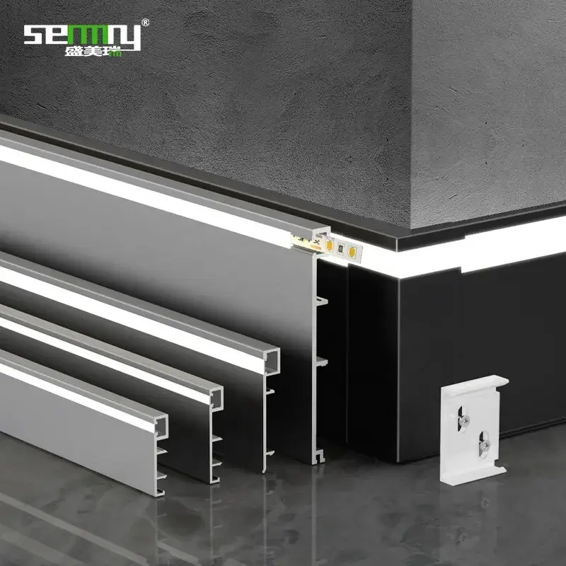 Đế nhôm sàn mới thiết kế với khe LED, bảo vệ tường và phụ kiện sàn kích thước 60mm, 80mm, 100mm