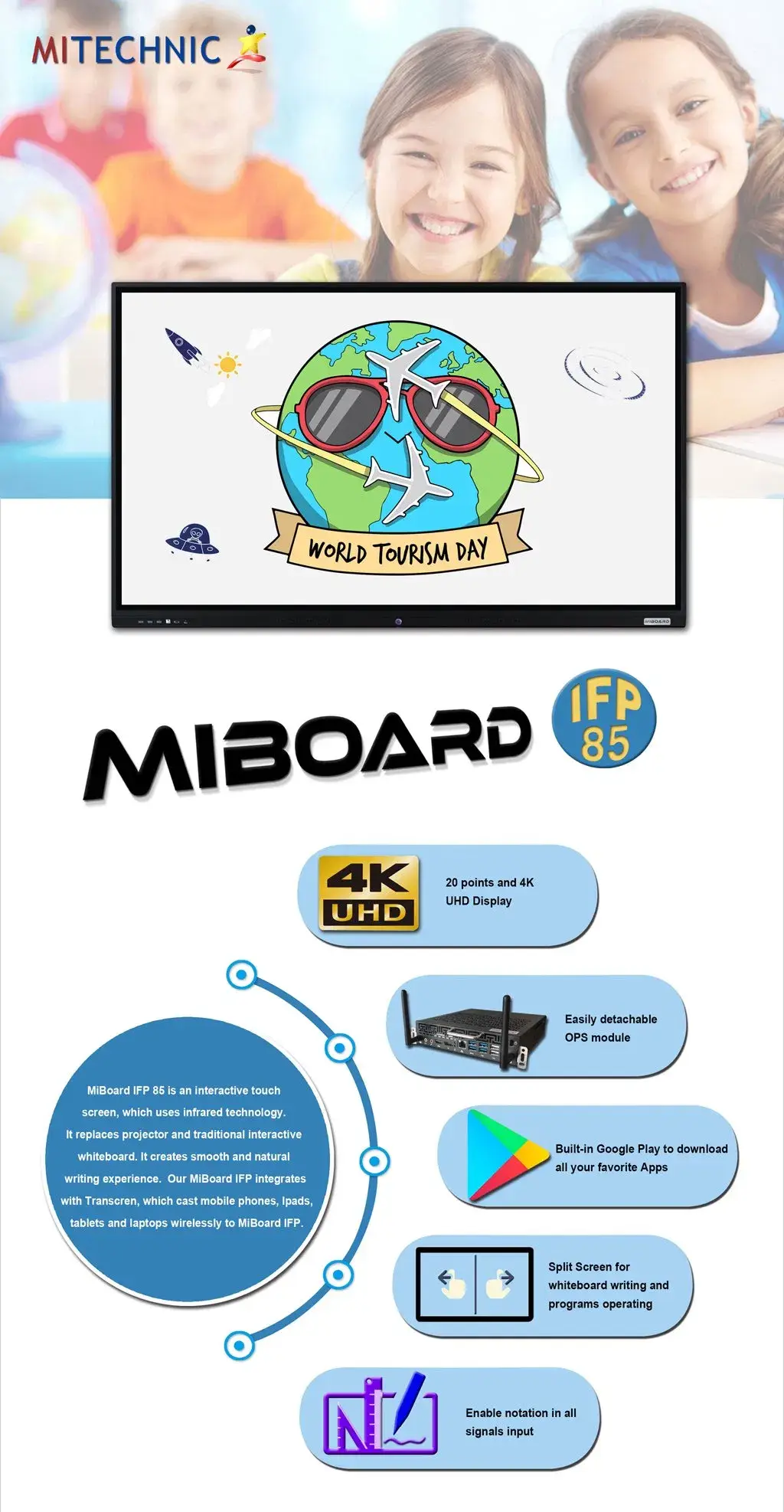 Panel LCD tương tác cảm ứng hồng ngoại 85 inch - Miboard Kiosk, hiển thị đa điểm 4K cho hội nghị và họp bảng trắng hình ảnh 12-description