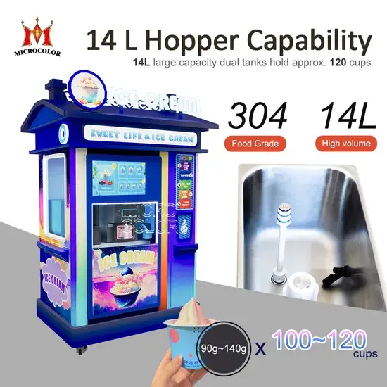 Máy bán kem tự động hoàn toàn ngoại trời, phục vụ tự động với đồng xu, kem mềm tươi ngon