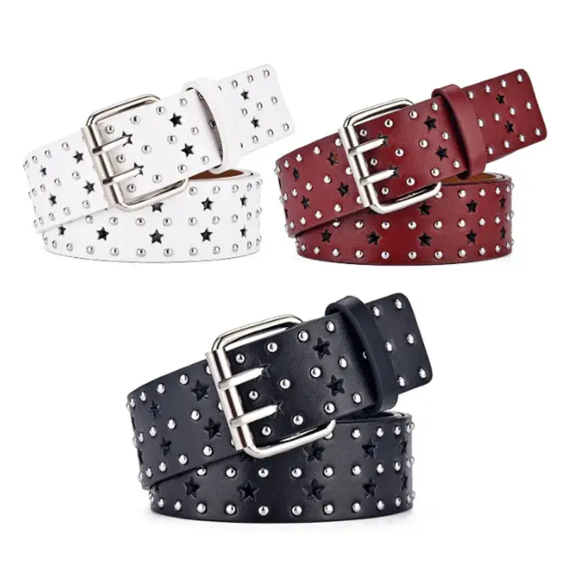 Dây nịt da grommet đôi thiết kế punk phong cách cho cả nam và nữ