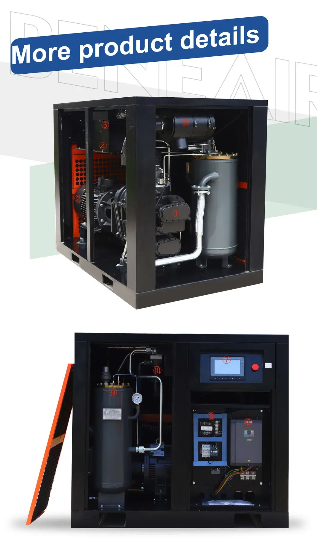 30kw 40HP Máy nén khí vít xoắn truyền động trực tiếp, im lặng ở áp suất 7bar 8bar 10bar, sử dụng tốc độ cố định hoặc tốc đo biến đổi (PM VSD) hình ảnh 14-description