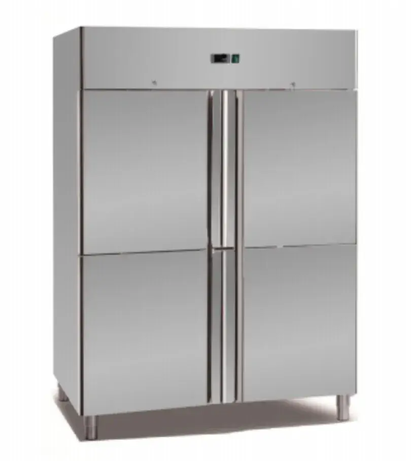 Tủ lạnh đứng với chất liệu thép không gỉ màu bạc phù hợp cho nhà bếp kinh doanh, có thể lắp thêm bánh xe theo nhu cầu