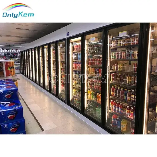 Thiết bị phòng lạnh trưng bày sản phẩm cho khu vực bia với cửa kính tại siêu thị