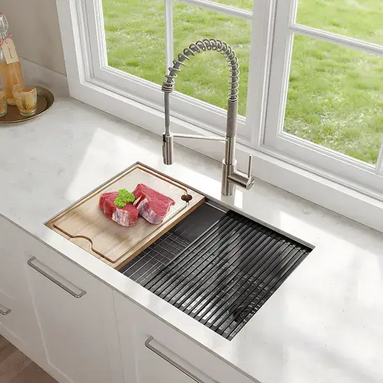 Bồn rửa thép không gỉ lớn dưới quầy, thiết kế đơn tay nghề phù hợp cho nhu cầu thương mại và nông trại, có kèm phụ kiện