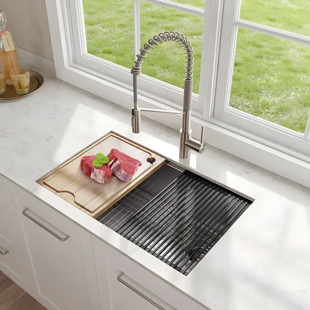 Bồn rửa thép không gỉ lớn dưới quầy, thiết kế đơn tay nghề phù hợp cho nhu cầu thương mại và nông trại, có kèm phụ kiện