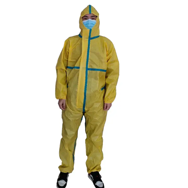 Áo bảo hộ toàn thân chống axit, màu vàng, không thấm nước, vật liệu 100GSM PP PE an toàn hình ảnh 12-description