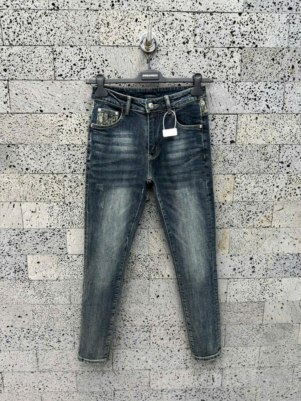 Quần Jean Dior CD Xanh bạc rách xước họa tiết logo chữ túi cạp Like Auth NV