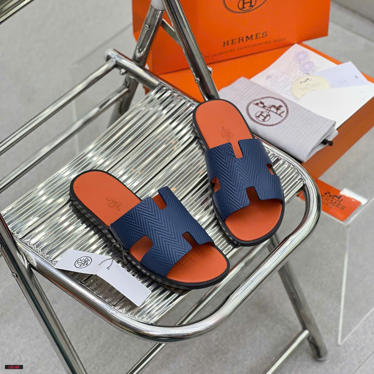 Dép lê quai ngang Hermes HM Cam phối quai Xanh than Like Auth on web fullbox bill thẻ LVQ