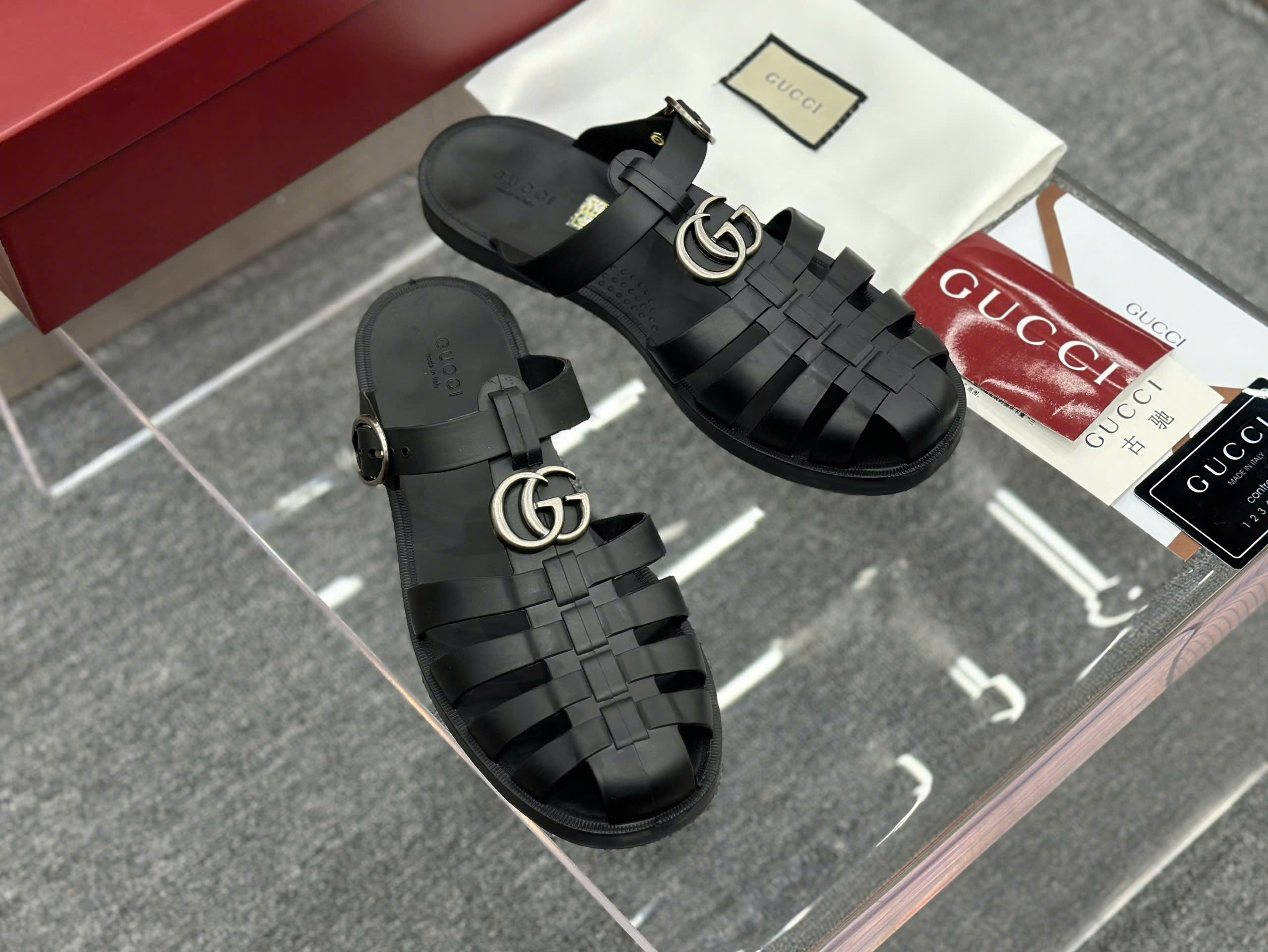 Dép rọ sandal Gucci GC Đen logo GG Bạc Like Auth on web fullbox bill thẻ PLD