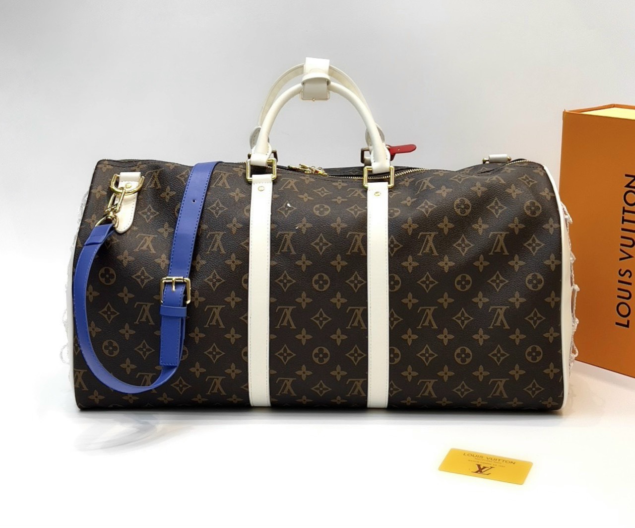 Túi trống du lịch Louis Vuitton LV Nâu họa tiết hoa vân logo LV phối dây Xanh size 55x27x20cm Like Auth Fullbox phụ kiện PLD
