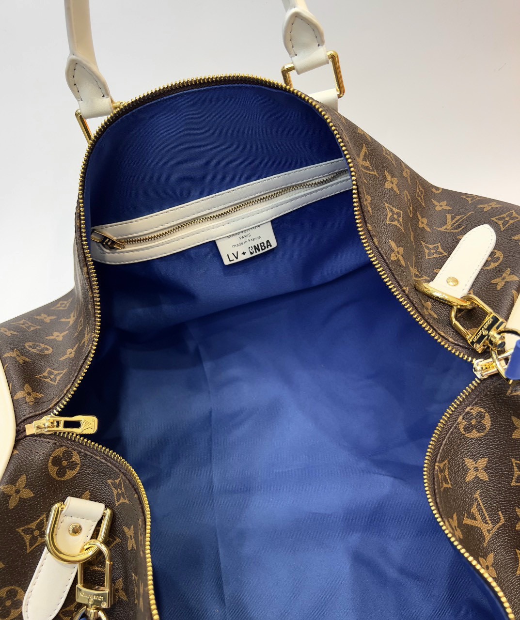 Túi trống du lịch Louis Vuitton LV Nâu họa tiết hoa vân logo LV phối dây Xanh size 55x27x20cm Like Auth Fullbox phụ kiện PLD