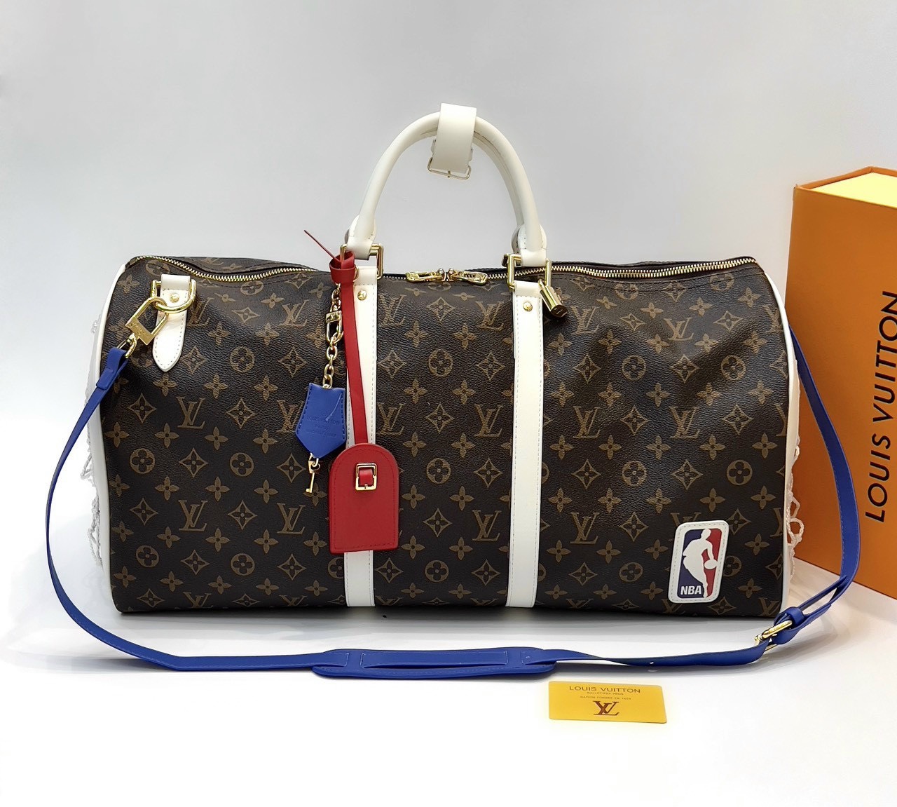Túi trống du lịch Louis Vuitton LV Nâu họa tiết hoa vân logo LV phối dây Xanh size 55x27x20cm Like Auth Fullbox phụ kiện PLD