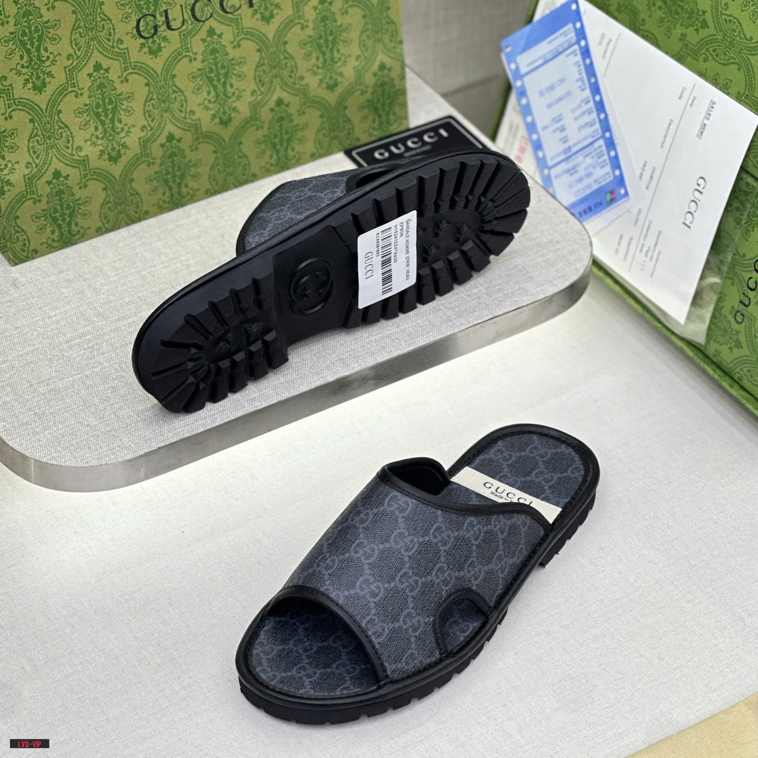 Dép lê quai ngang Gucci GC Đen họa tiết monogram logo GG viền da Like Auth on web fullbox bill thẻ LVQ DDT