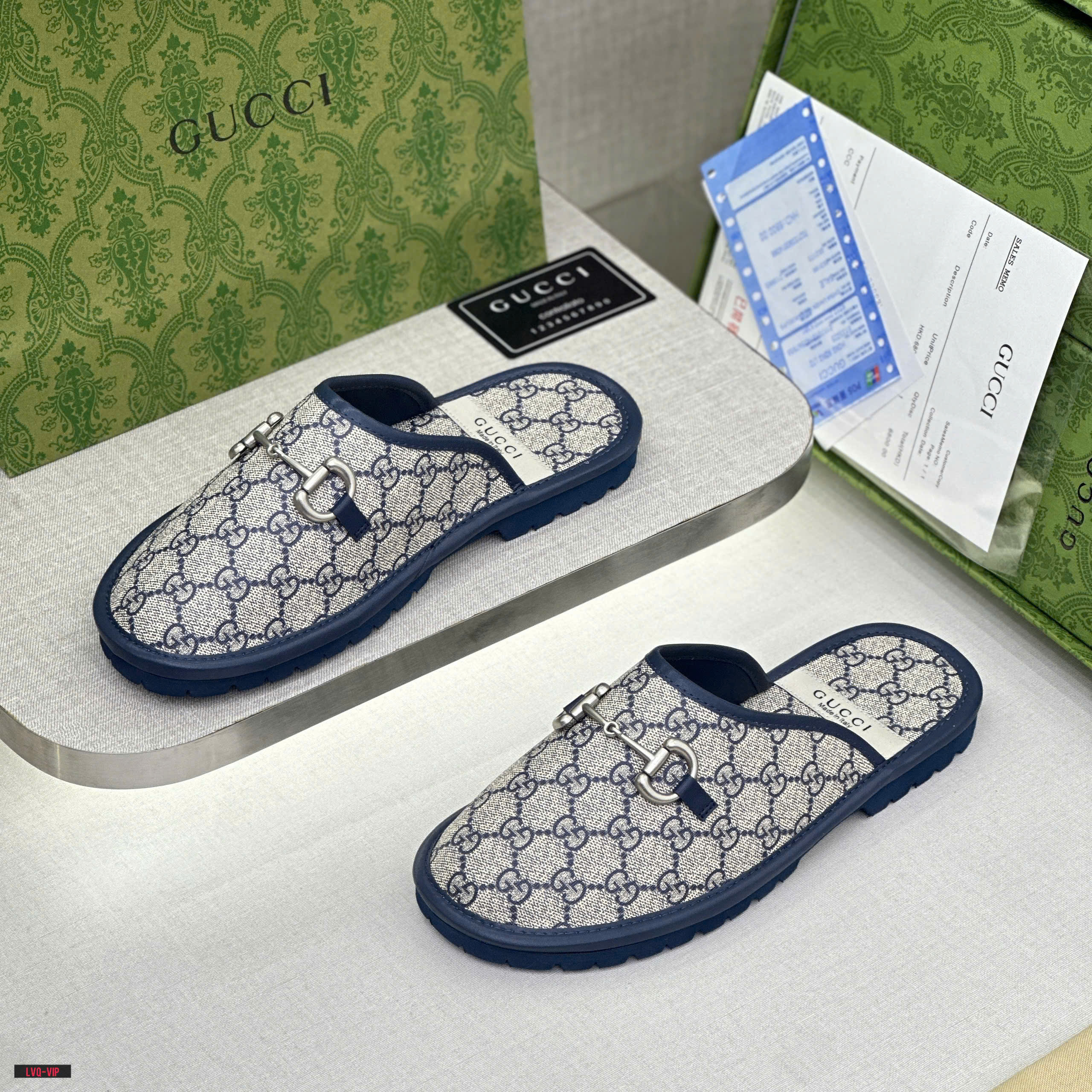 Dép sục Gucci GC Xanh than họa tiết monogram logo GG viền da Like Auth on web fullbox bill thẻ phụ kiện LVQ DDT