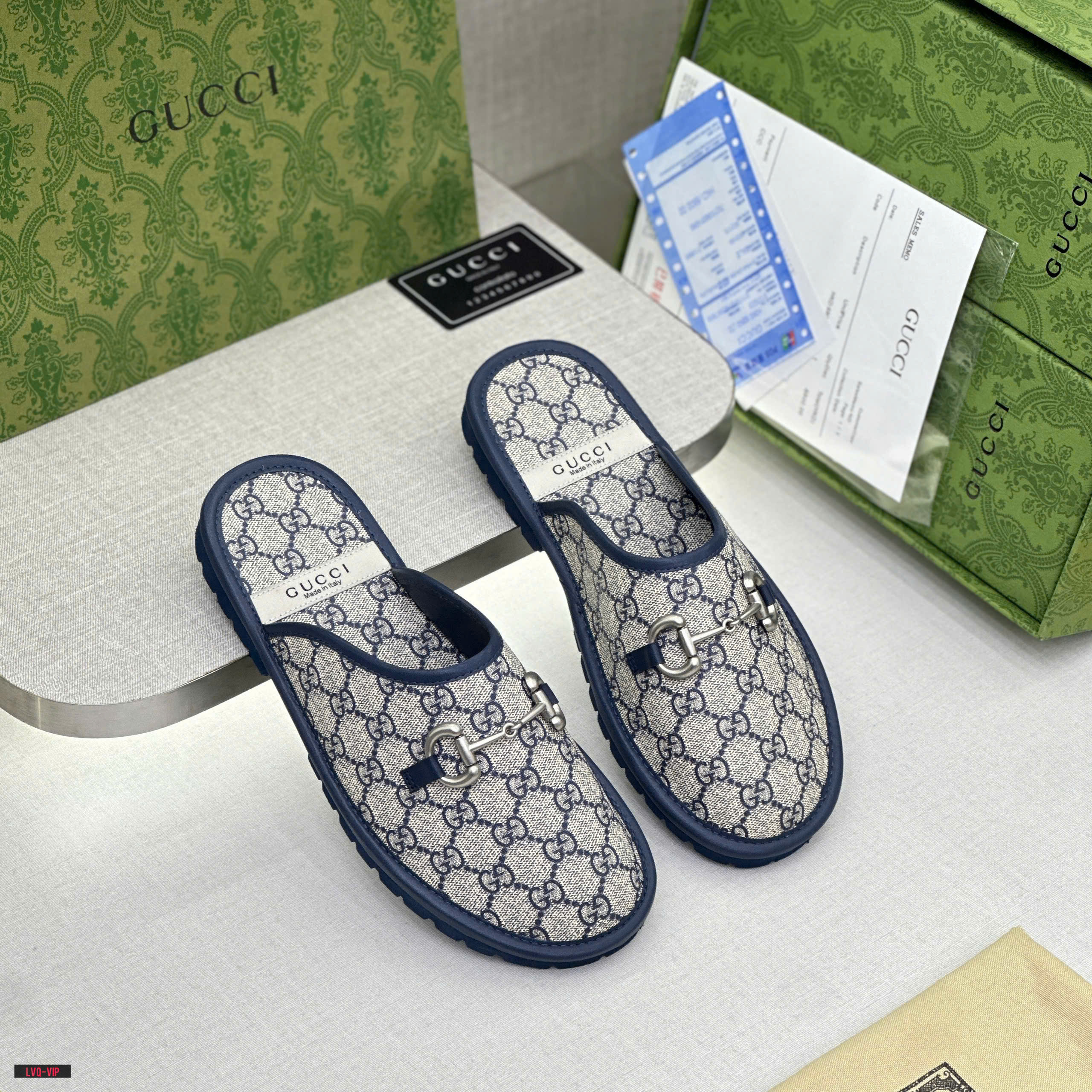 Dép sục Gucci GC Xanh than họa tiết monogram logo GG viền da Like Auth on web fullbox bill thẻ phụ kiện LVQ DDT