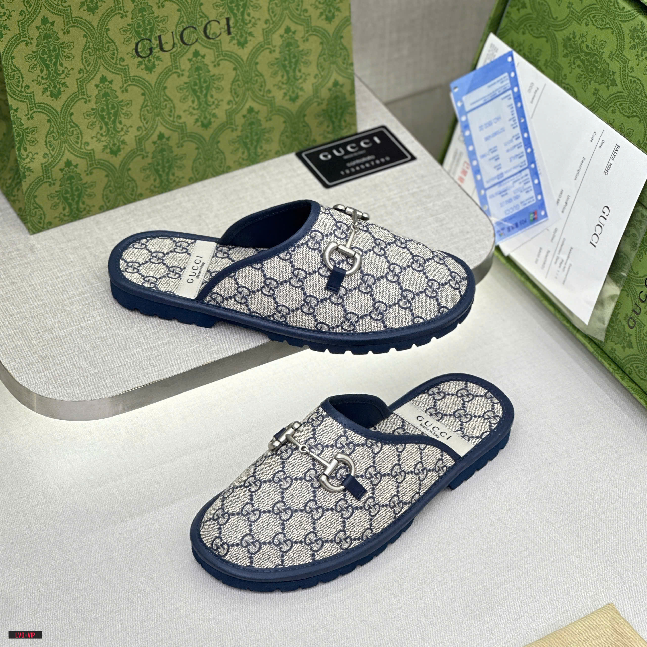Dép sục Gucci GC Xanh than họa tiết monogram logo GG viền da Like Auth on web fullbox bill thẻ phụ kiện LVQ DDT