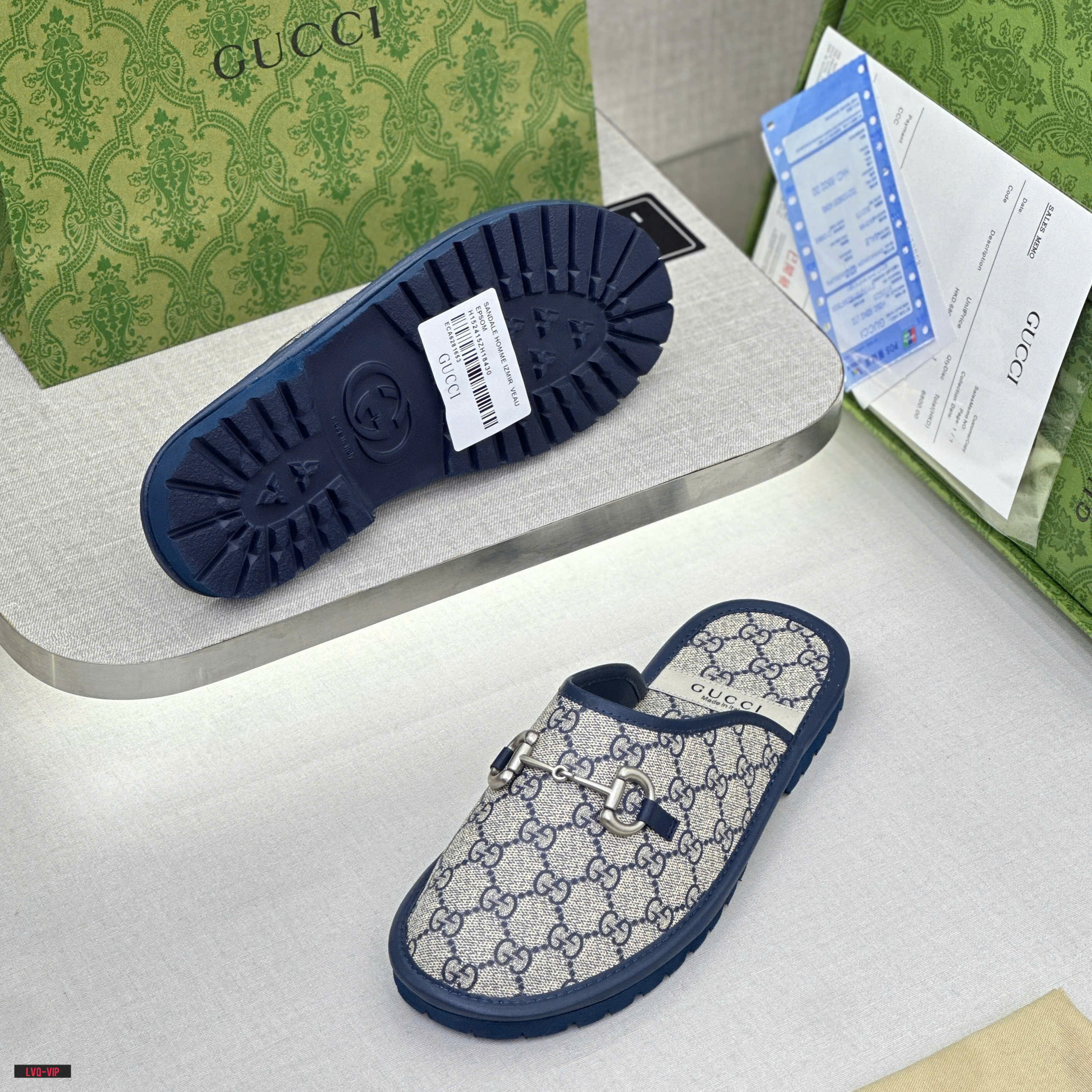 Dép sục Gucci GC Xanh than họa tiết monogram logo GG viền da Like Auth on web fullbox bill thẻ phụ kiện LVQ DDT