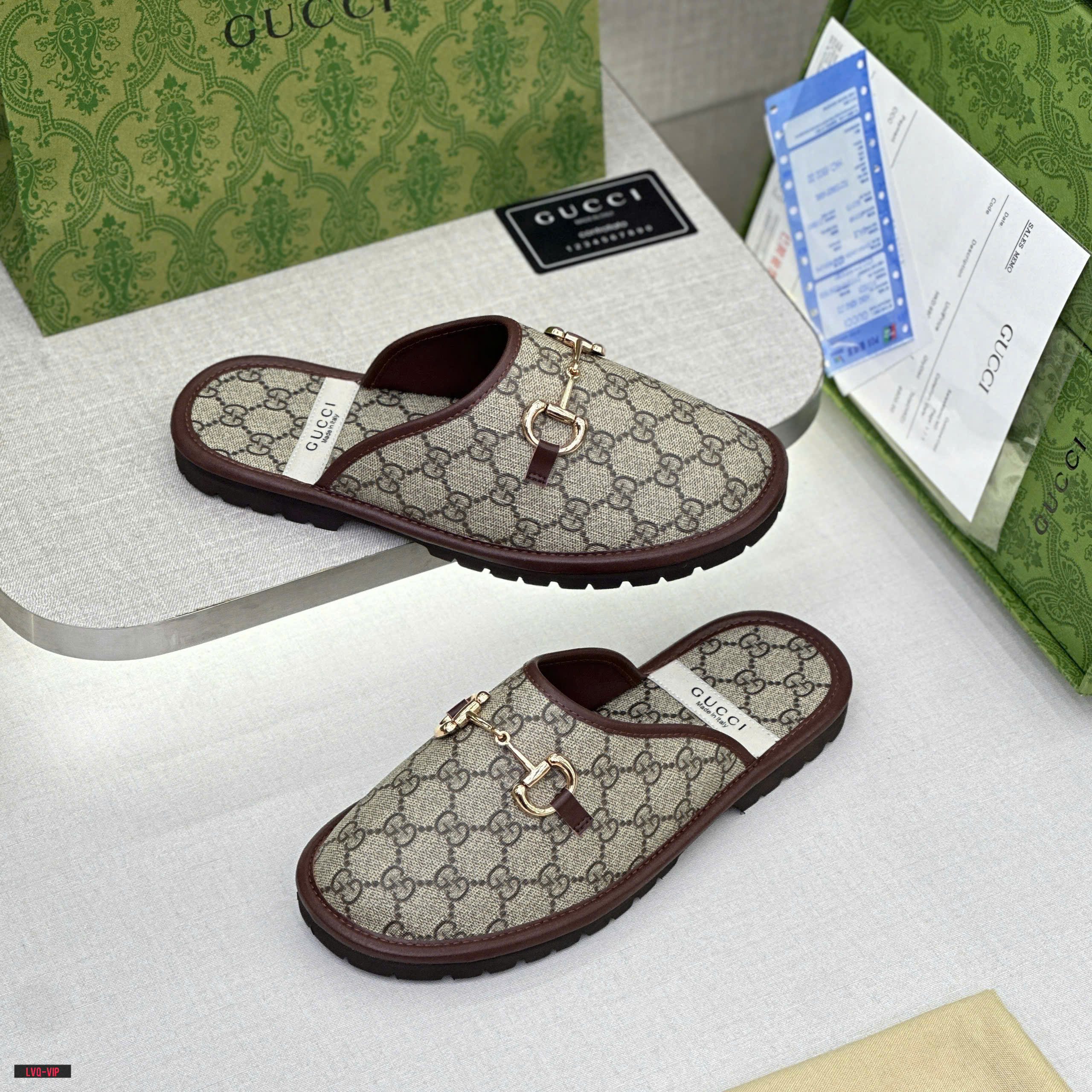 Dép sục Gucci GC Nâu họa tiết monogram logo GG viền da Like Auth on web fullbox bill thẻ phụ kiện LVQ DDT