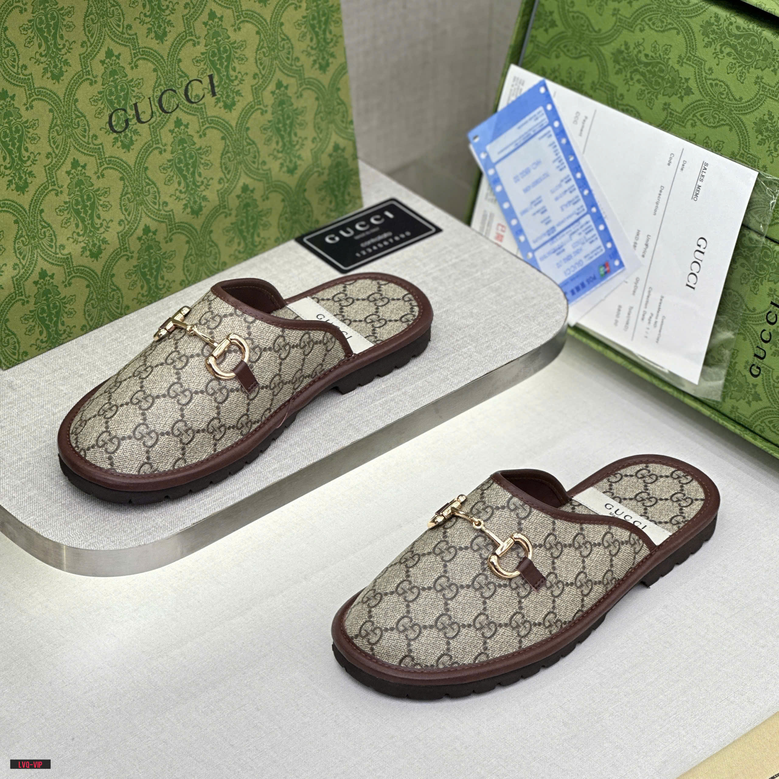 Dép sục Gucci GC Nâu họa tiết monogram logo GG viền da Like Auth on web fullbox bill thẻ phụ kiện LVQ DDT