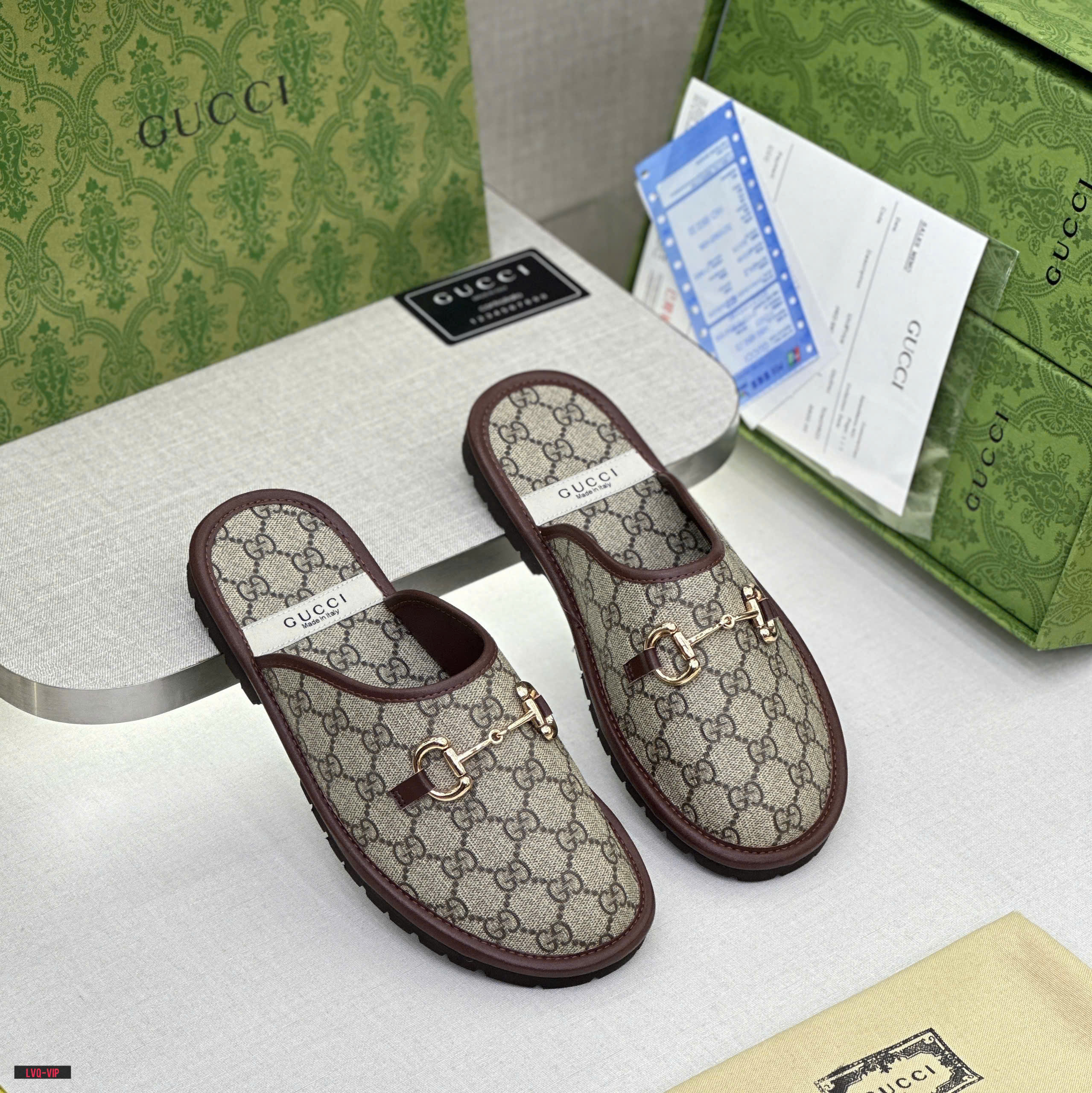 Dép sục Gucci GC Nâu họa tiết monogram logo GG viền da Like Auth on web fullbox bill thẻ phụ kiện LVQ DDT