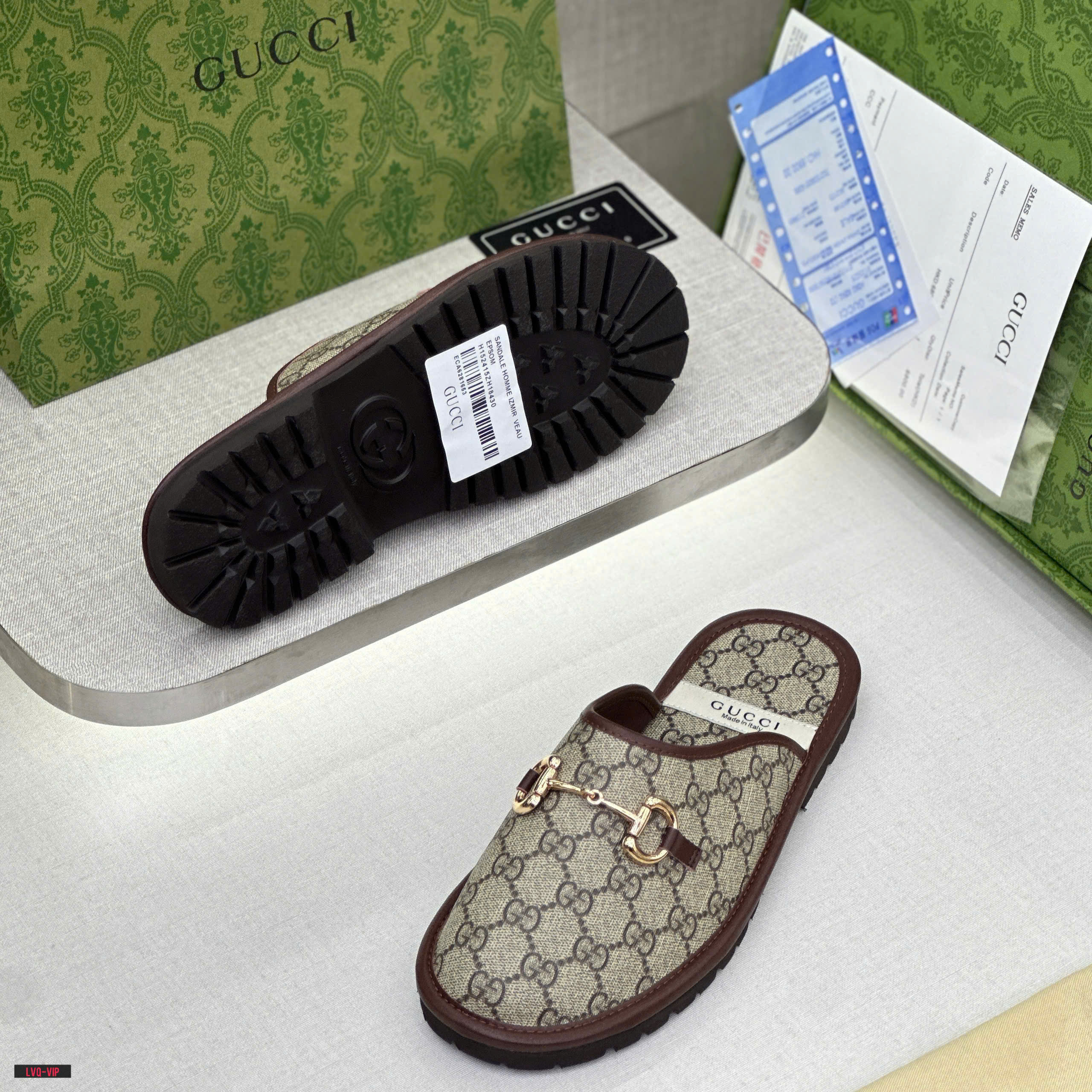 Dép sục Gucci GC Nâu họa tiết monogram logo GG viền da Like Auth on web fullbox bill thẻ phụ kiện LVQ DDT
