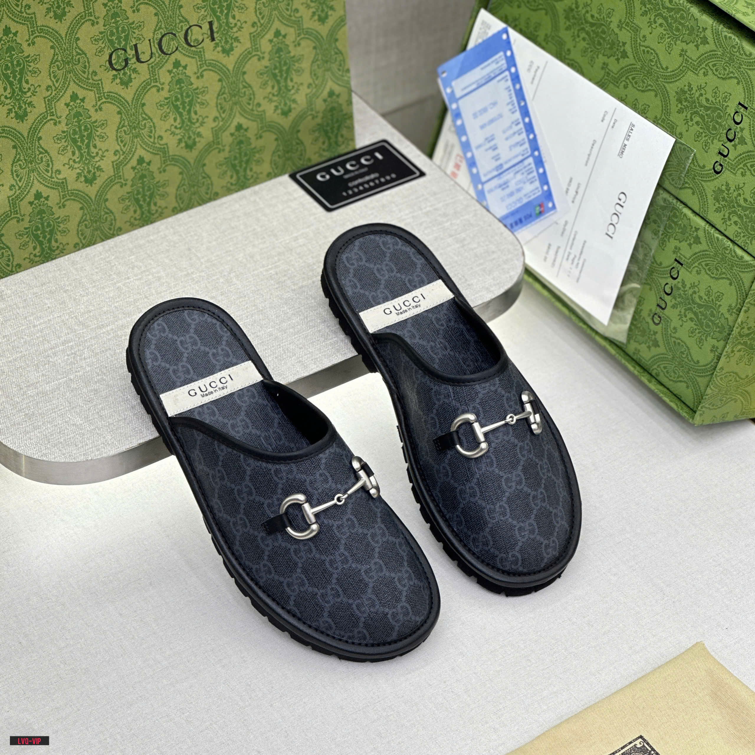 Dép sục Gucci GC Đen họa tiết monogram logo GG viền da Like Auth on web fullbox bill thẻ phụ kiện LVQ DDT