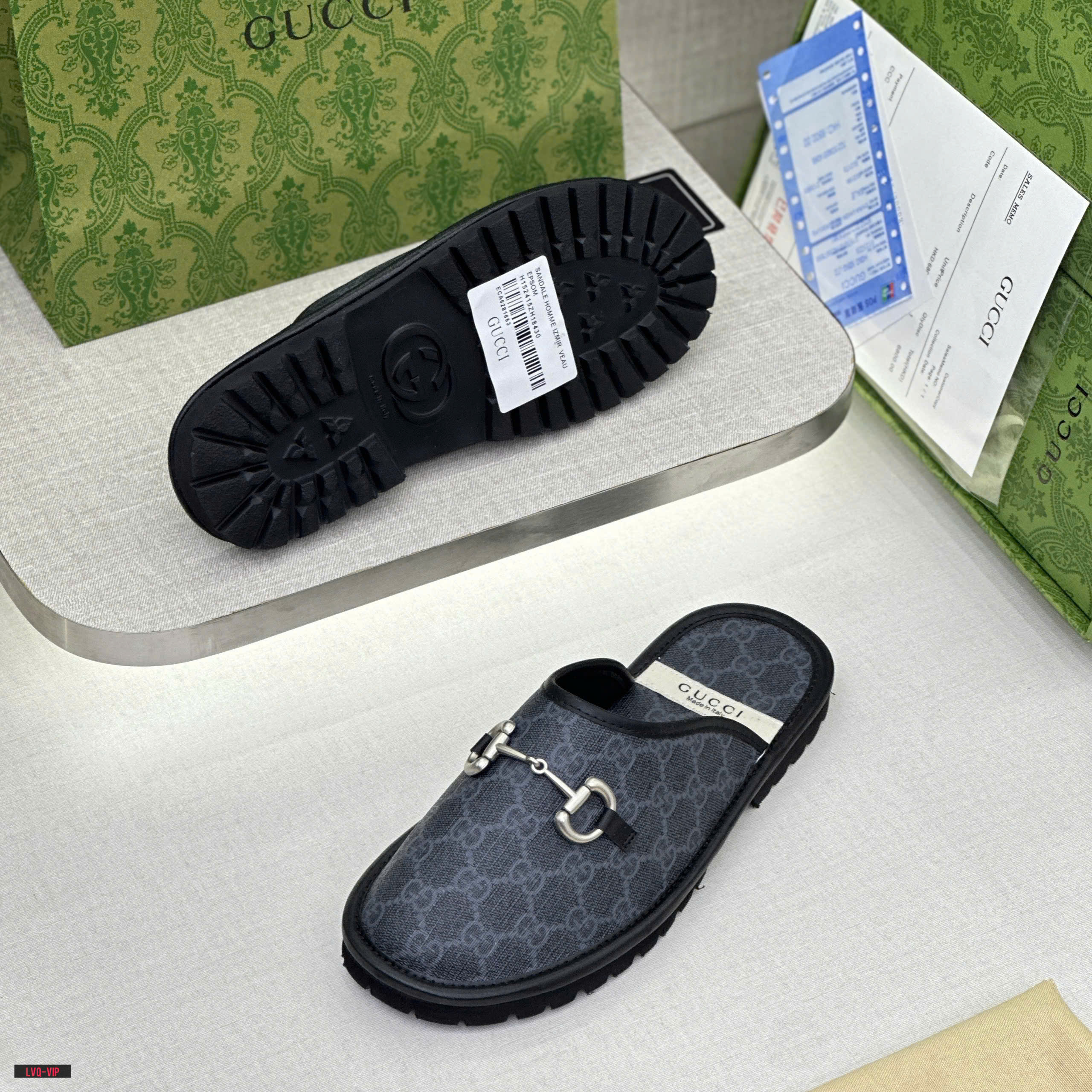 Dép sục Gucci GC Đen họa tiết monogram logo GG viền da Like Auth on web fullbox bill thẻ phụ kiện LVQ DDT
