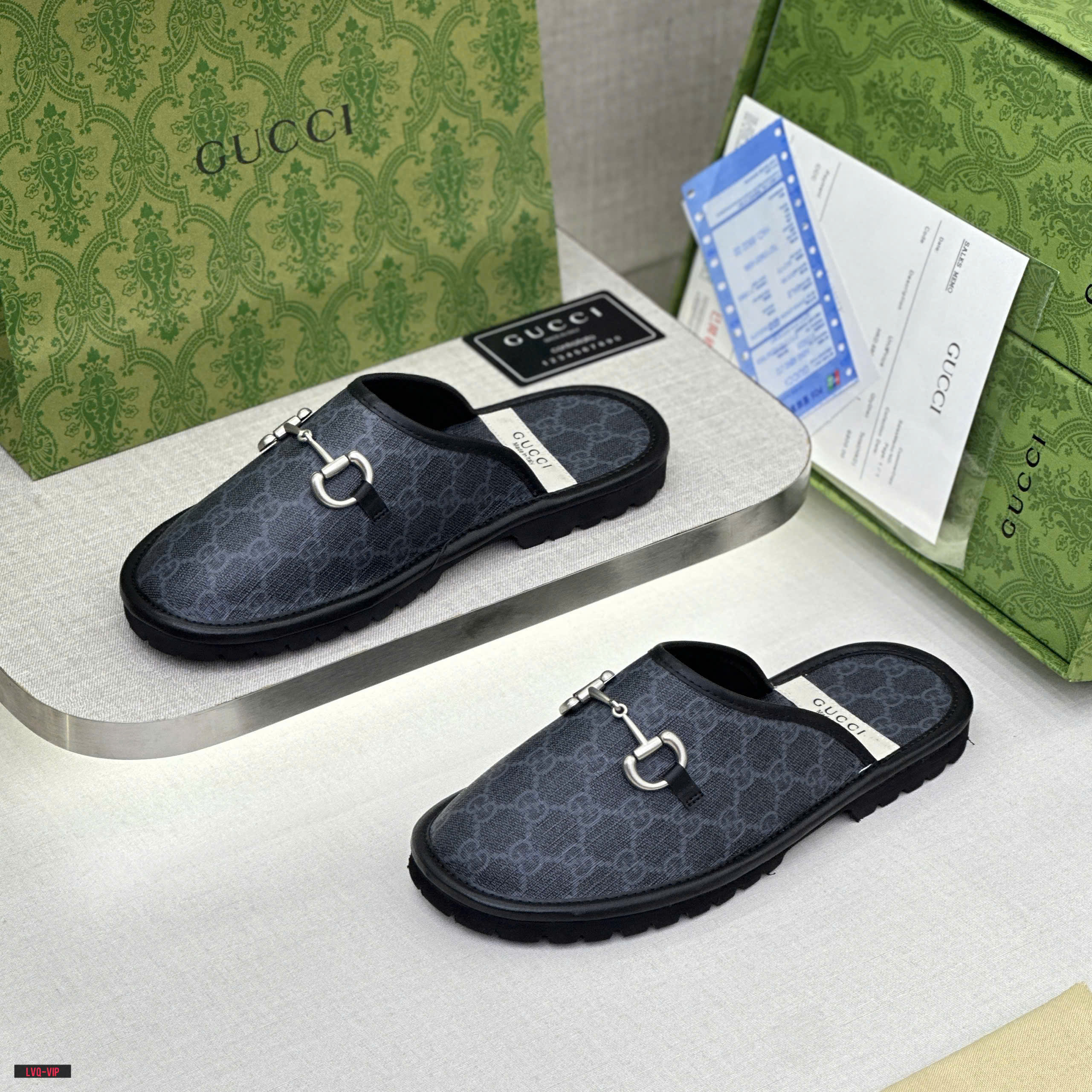 Dép sục Gucci GC Đen họa tiết monogram logo GG viền da Like Auth on web fullbox bill thẻ phụ kiện LVQ DDT