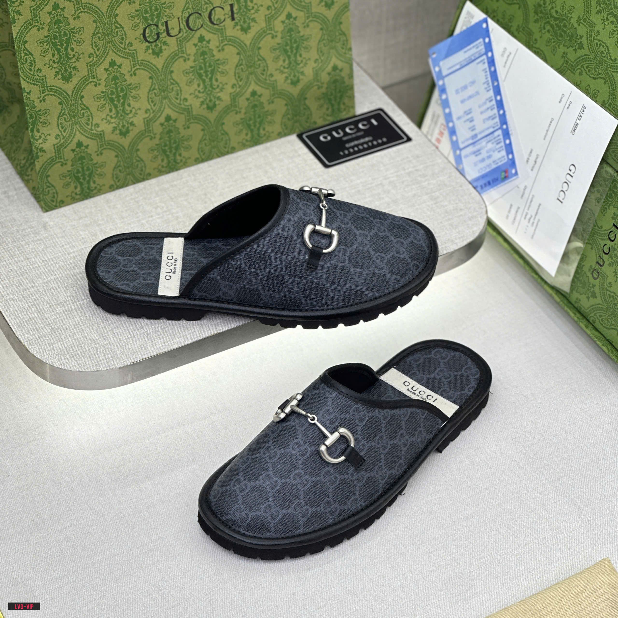 Dép sục Gucci GC Đen họa tiết monogram logo GG viền da Like Auth on web fullbox bill thẻ phụ kiện LVQ DDT
