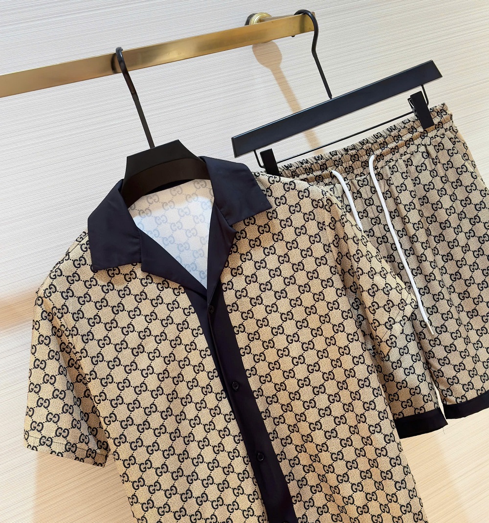 Bộ, Set hè lụa Gucci GC Nâu họa tiết monogram logo phối viền Đen Like Auth on web DDT