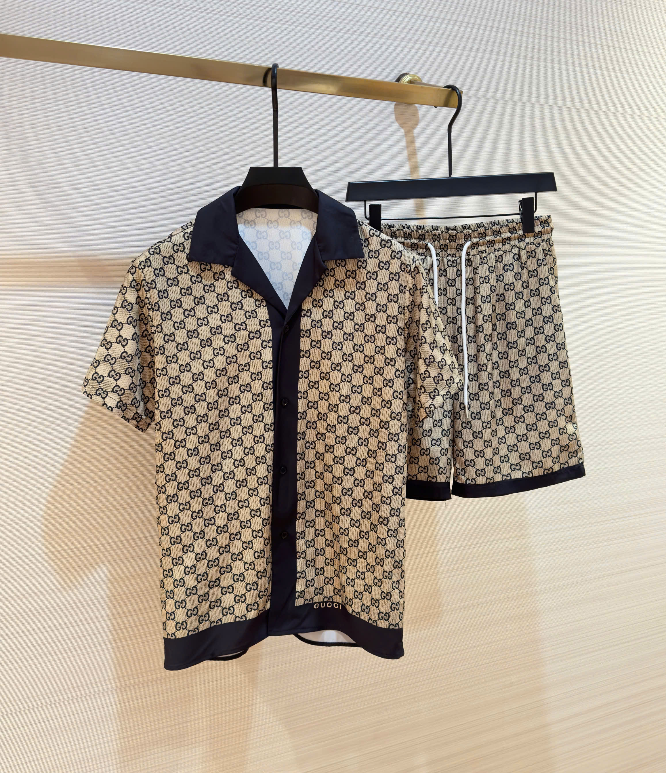Bộ, Set hè lụa Gucci GC Nâu họa tiết monogram logo phối viền Đen Like Auth on web DDT
