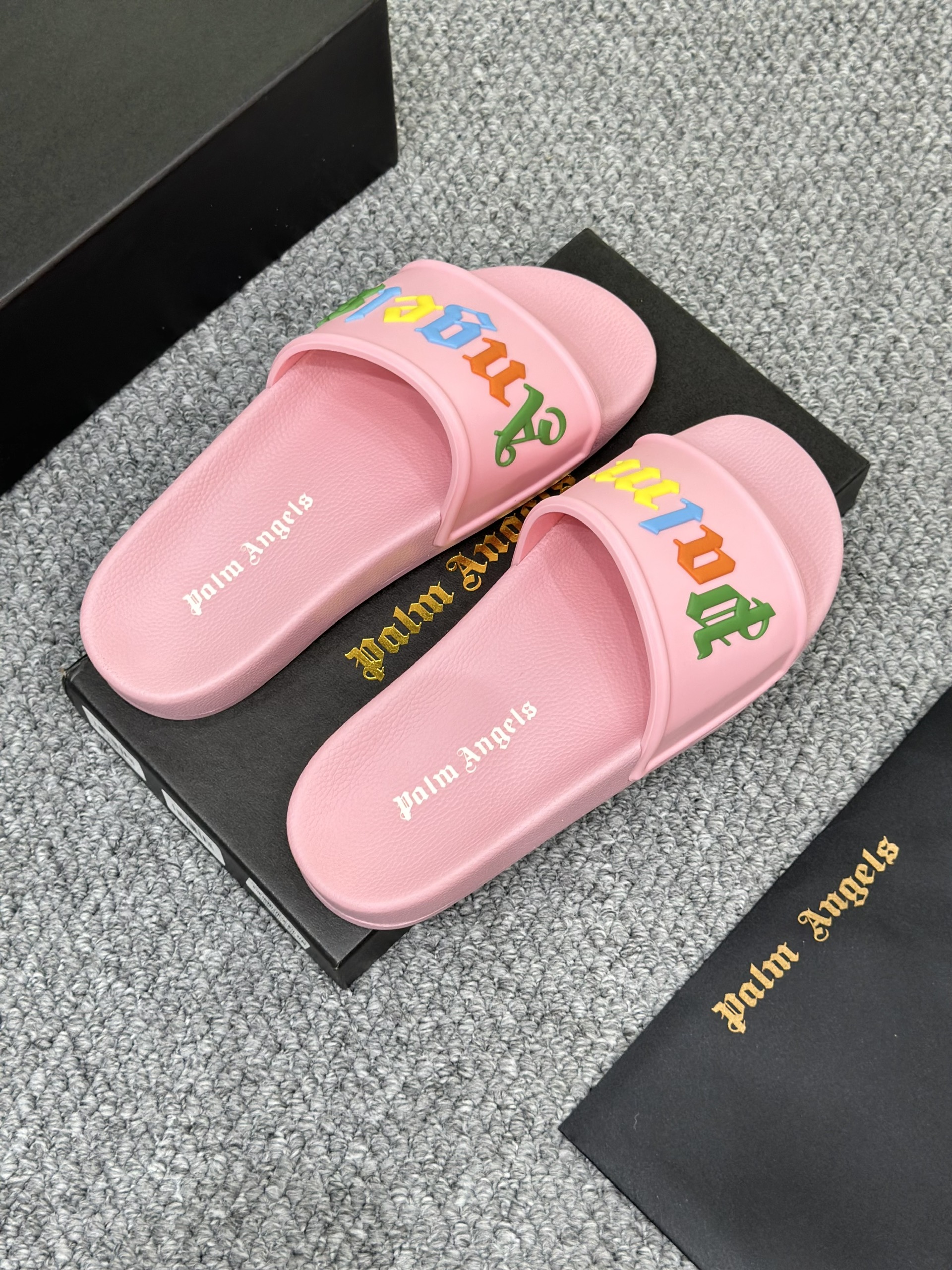 Dép lê quai ngang Palm Angel PA Hồng logo chữ màu nổi Like Auth on web fullbox bill thẻ VTN