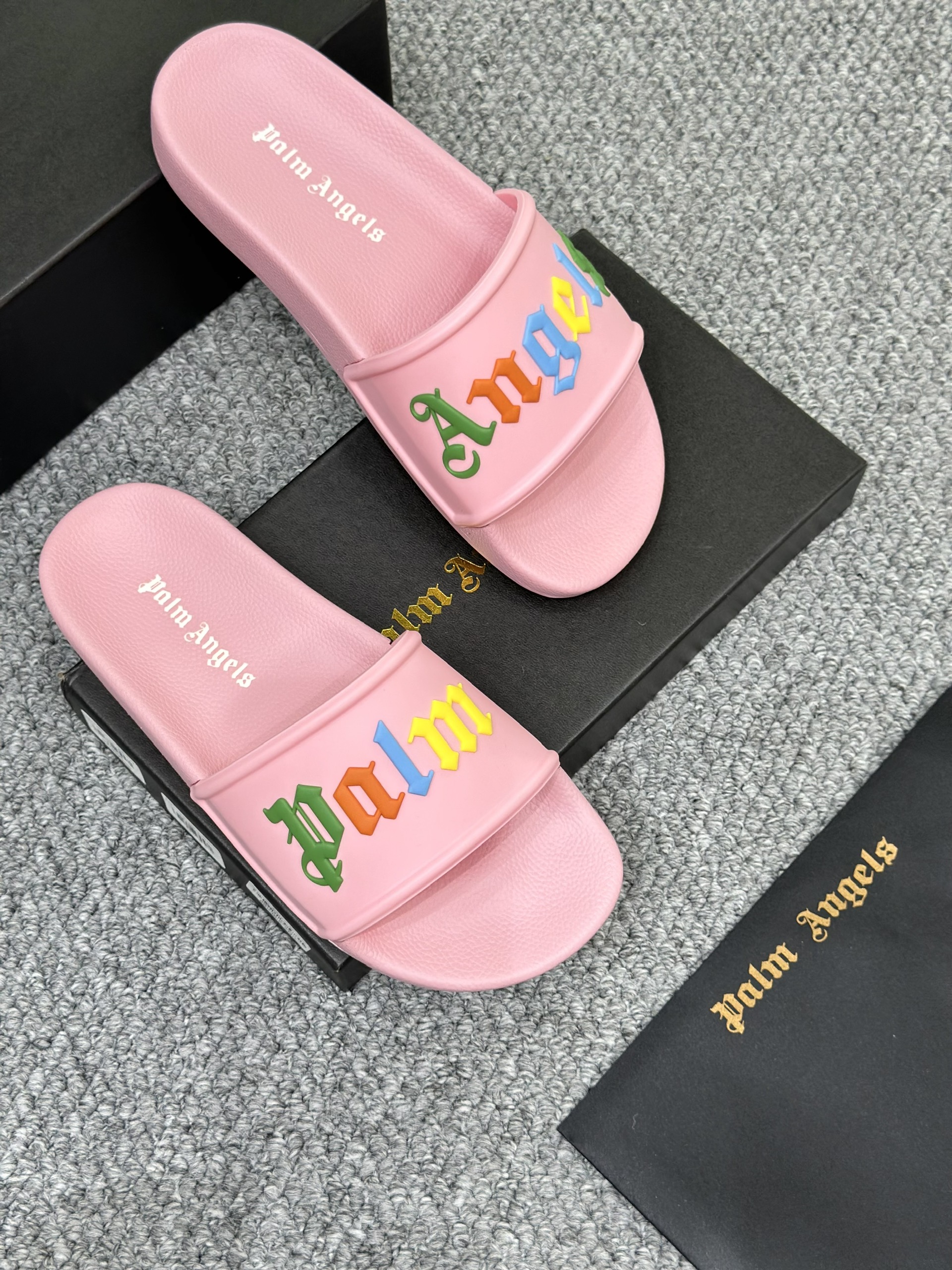 Dép lê quai ngang Palm Angel PA Hồng logo chữ màu nổi Like Auth on web fullbox bill thẻ VTN