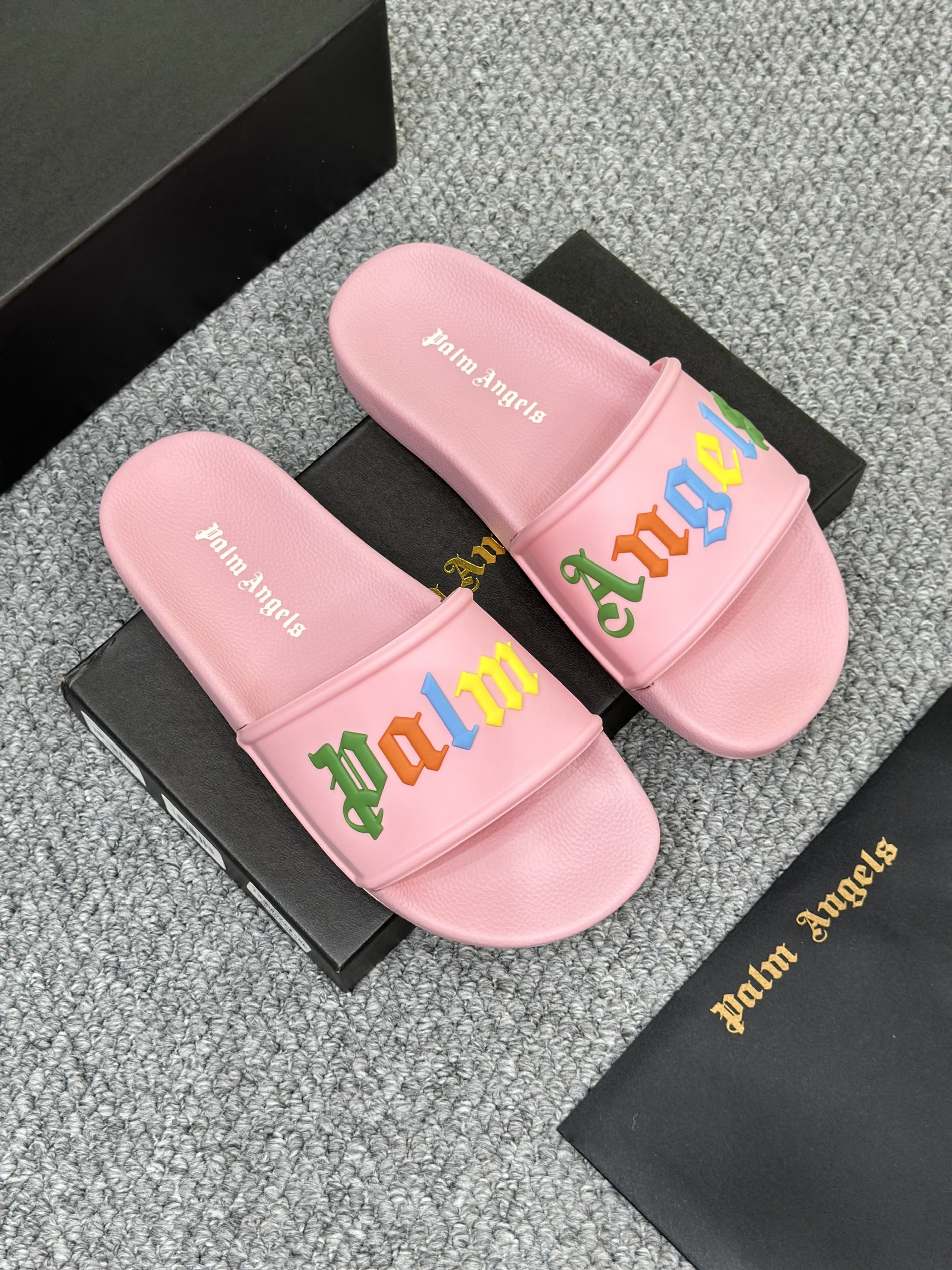 Dép lê quai ngang Palm Angel PA Hồng logo chữ màu nổi Like Auth on web fullbox bill thẻ VTN