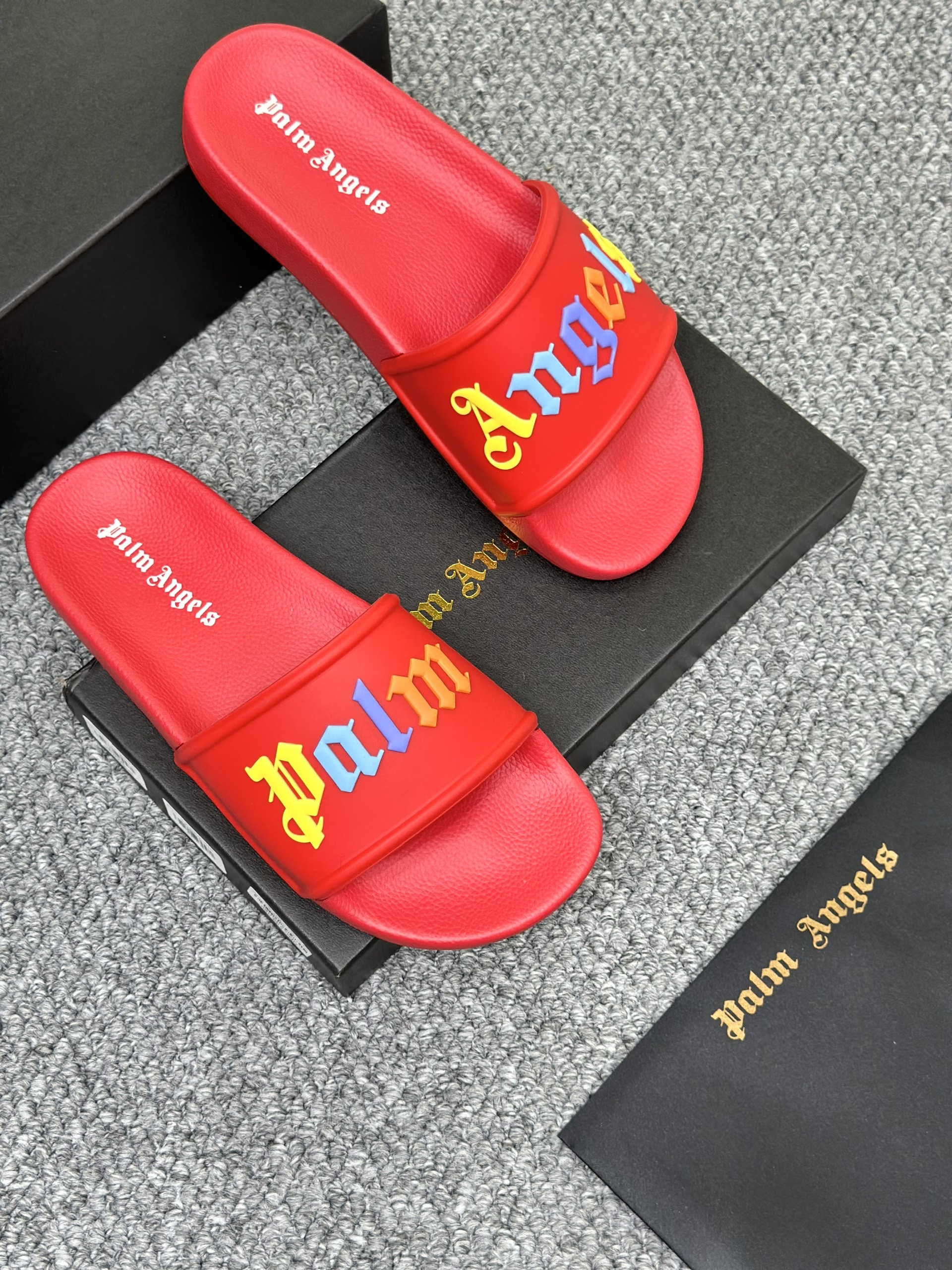 Dép lê quai ngang Palm Angel PA Đỏ logo chữ màu nổi Like Auth on web fullbox bill thẻ VTN