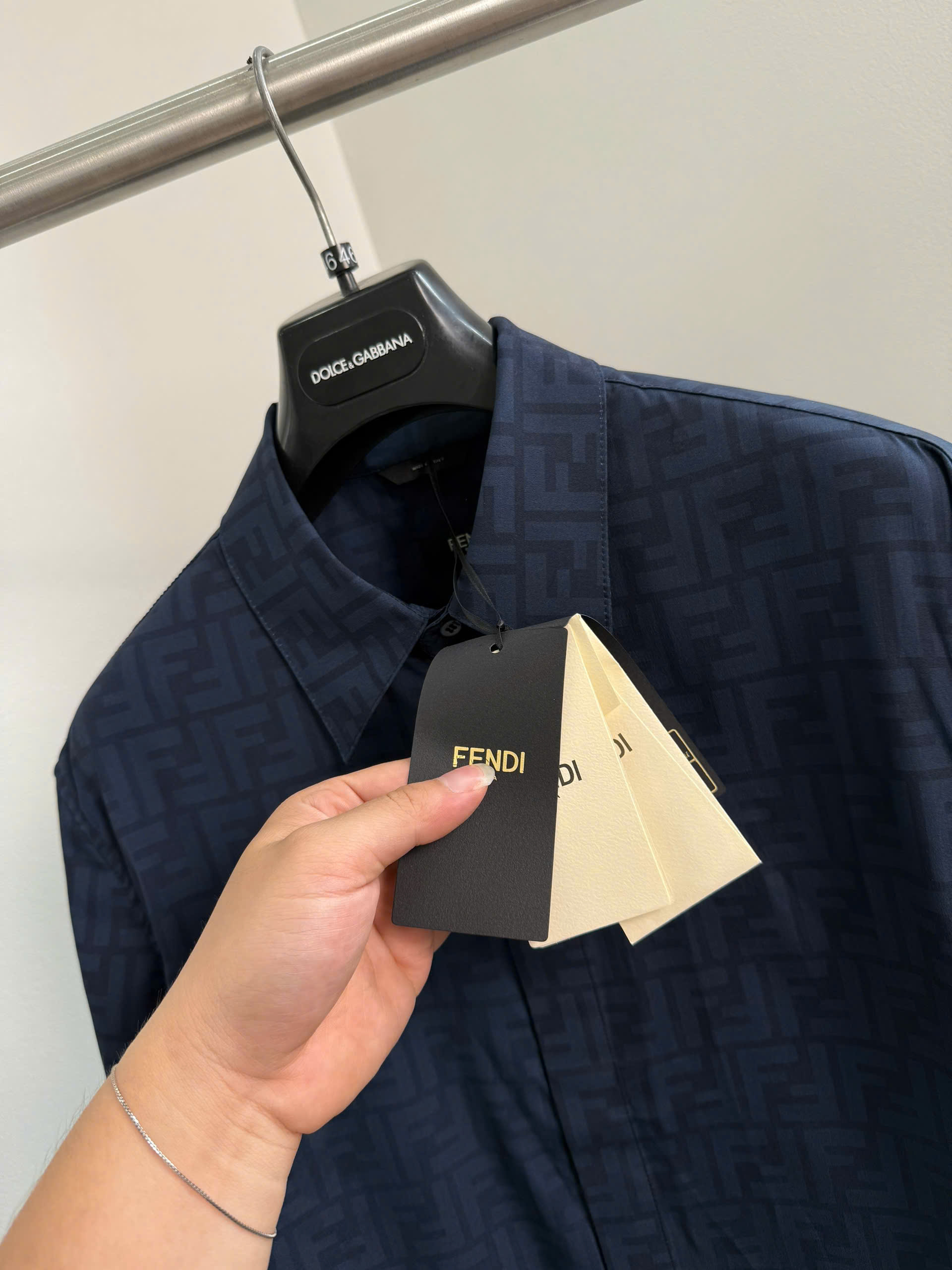 Áo sơ mi cộc tay Fendi FF Xanh than họa tiết logo full Like Auth on web VTN
