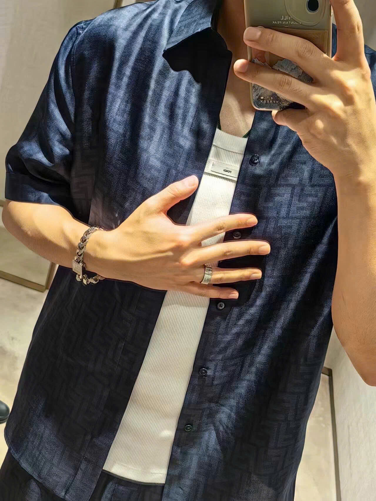Áo sơ mi cộc tay Fendi FF Xanh than họa tiết logo full Like Auth on web VTN
