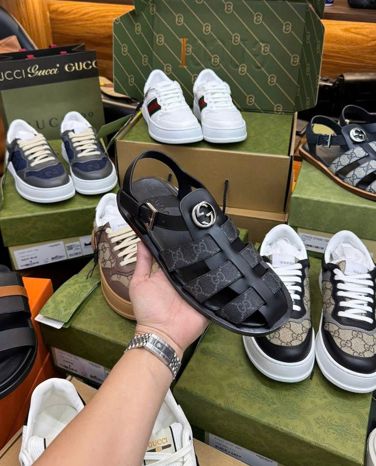 Dép rọ sandal Gucci GC trơn phối họa tiết monogram Like Auth on web fullbox bill thẻ MK