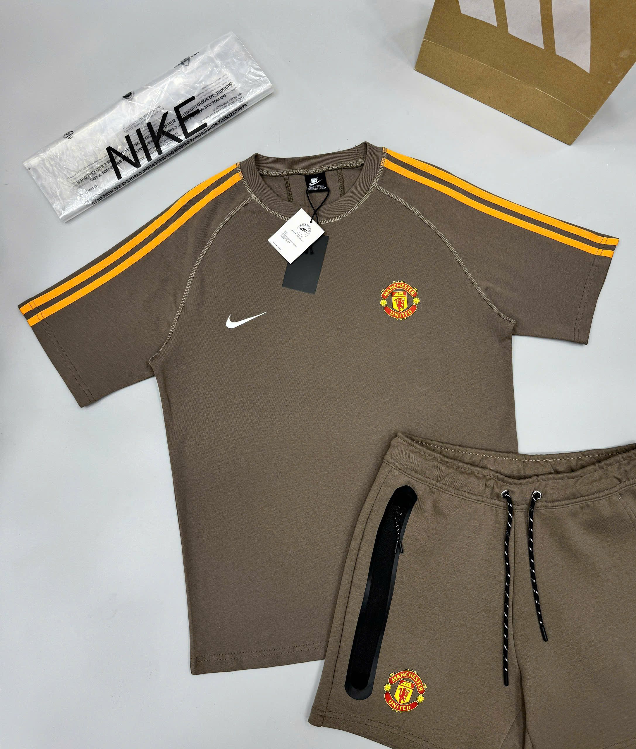 Bộ, Set hè Nike NK Nâu kẻ viền Cam logo huy hiệu Like Auth on web CD