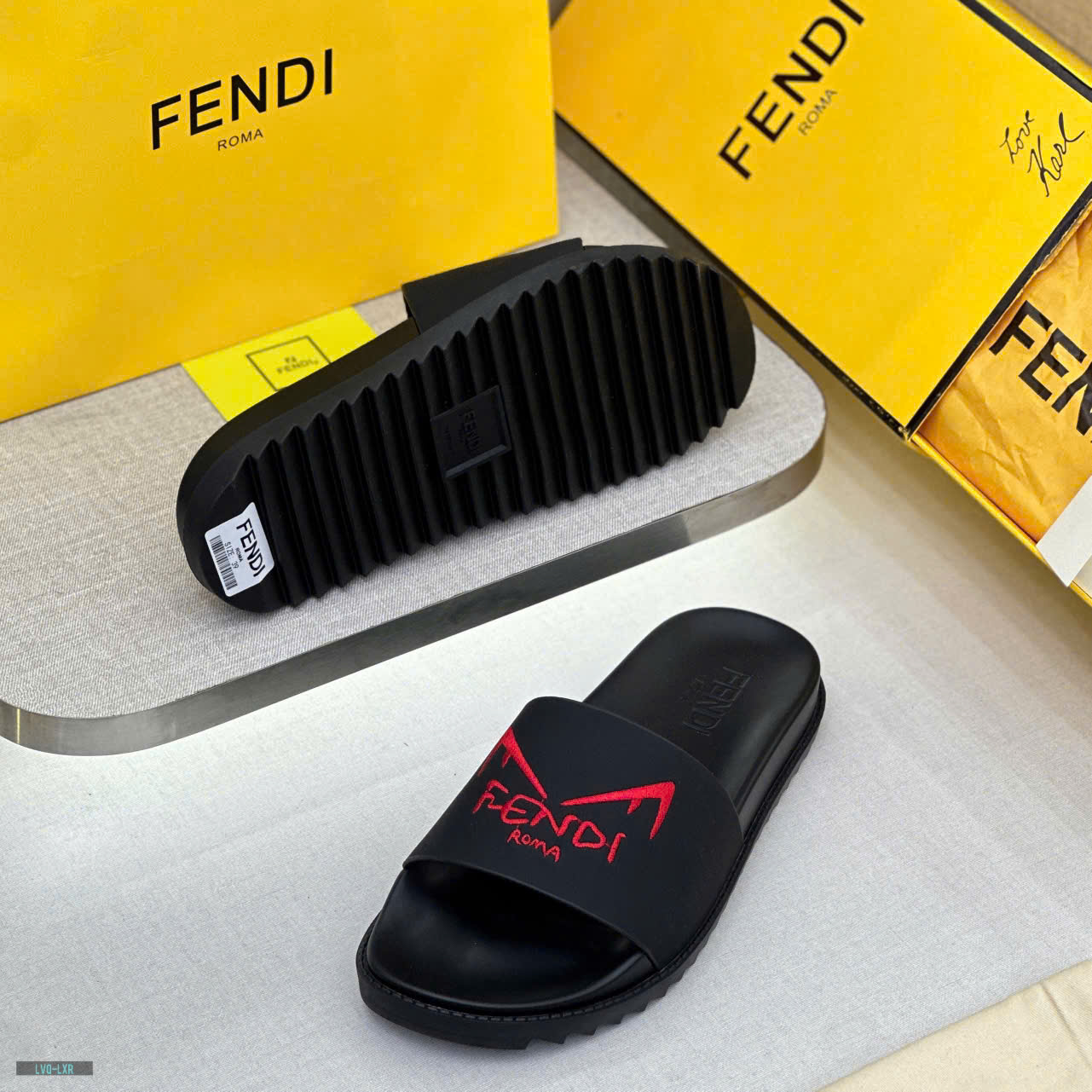 Dép lê quai ngang Fendi FF Đen logo chữ đôi mắt Đỏ thêu nổi Like Auth on web fullbox bill thẻ LVQ