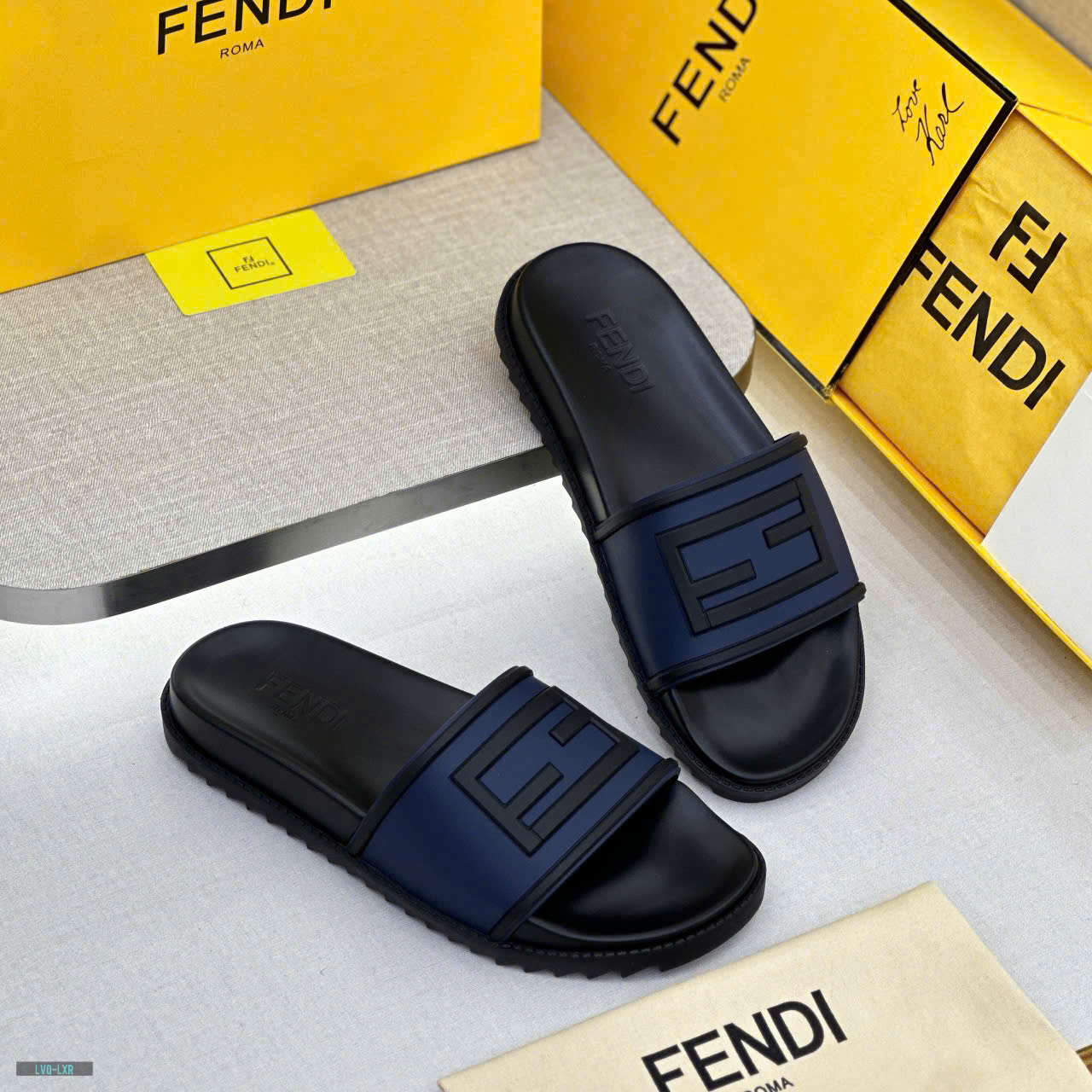Dép lê quai ngang Fendi FF Xanh than logo chữ viền Đen nổi Like Auth on web fullbox bill thẻ LVQ