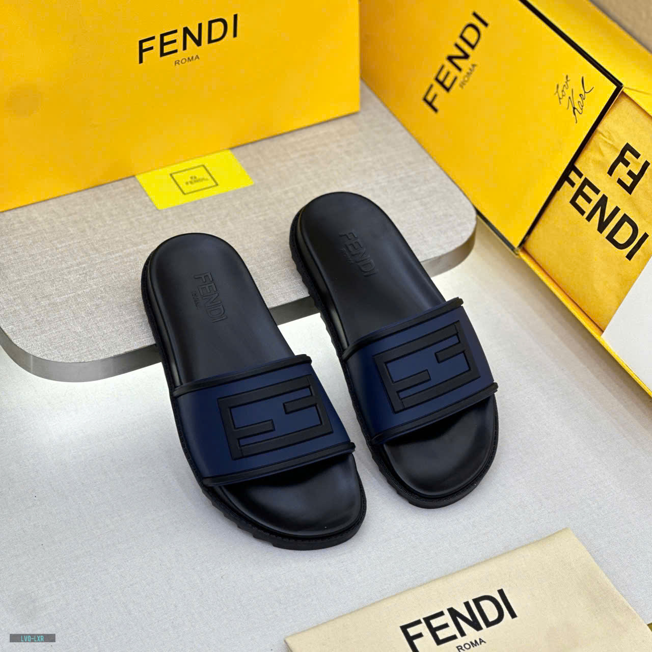 Dép lê quai ngang Fendi FF Xanh than logo chữ viền Đen nổi Like Auth on web fullbox bill thẻ LVQ