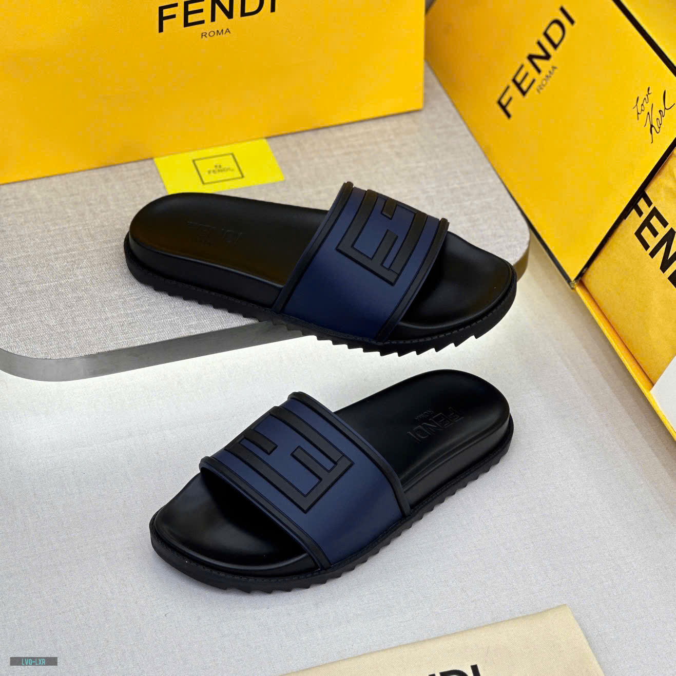 Dép lê quai ngang Fendi FF Xanh than logo chữ viền Đen nổi Like Auth on web fullbox bill thẻ LVQ