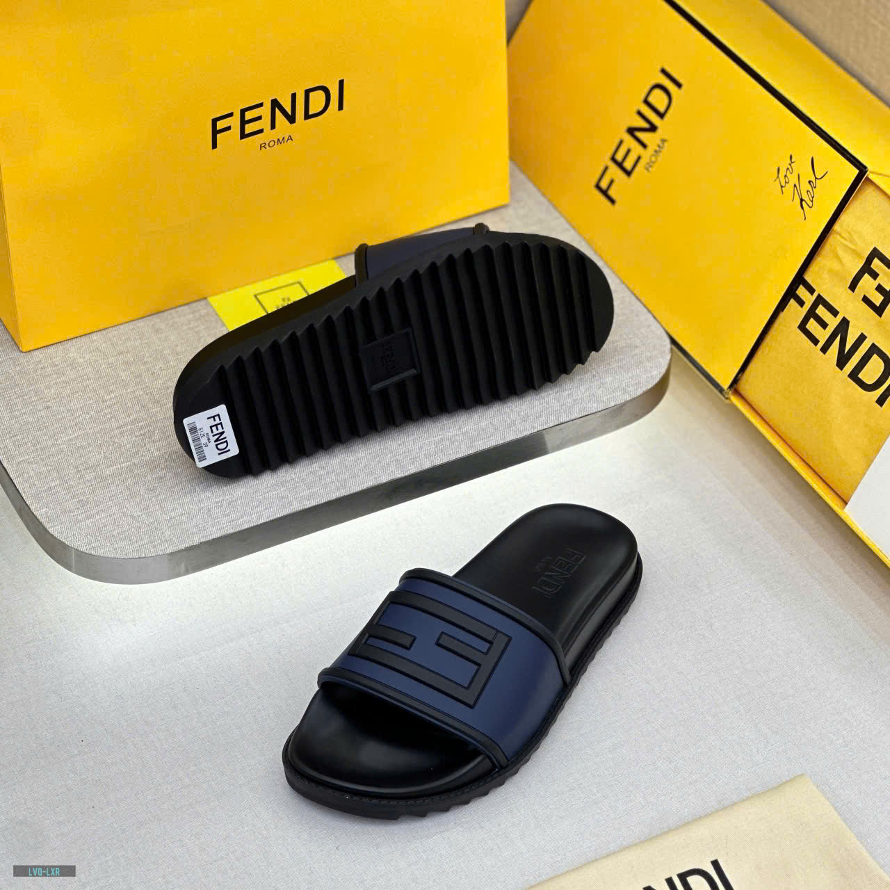 Dép lê quai ngang Fendi FF Xanh than logo chữ viền Đen nổi Like Auth on web fullbox bill thẻ LVQ