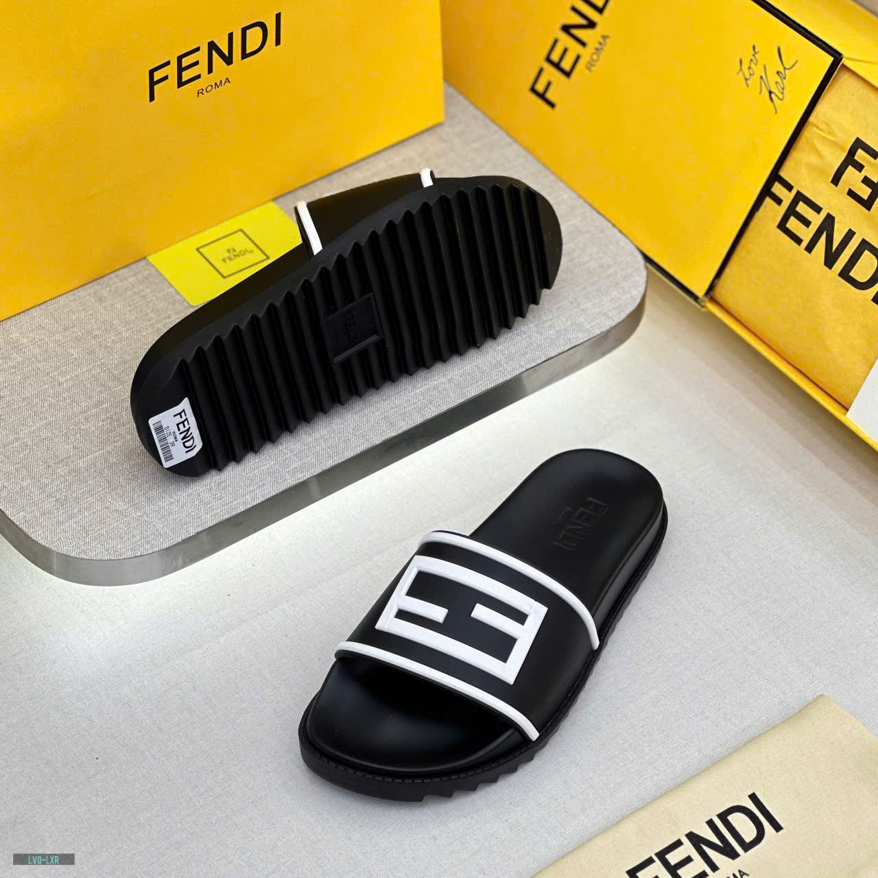 Dép lê quai ngang Fendi FF Đen logo chữ viền Trắng nổi Like Auth on web fullbox bill thẻ LVQ