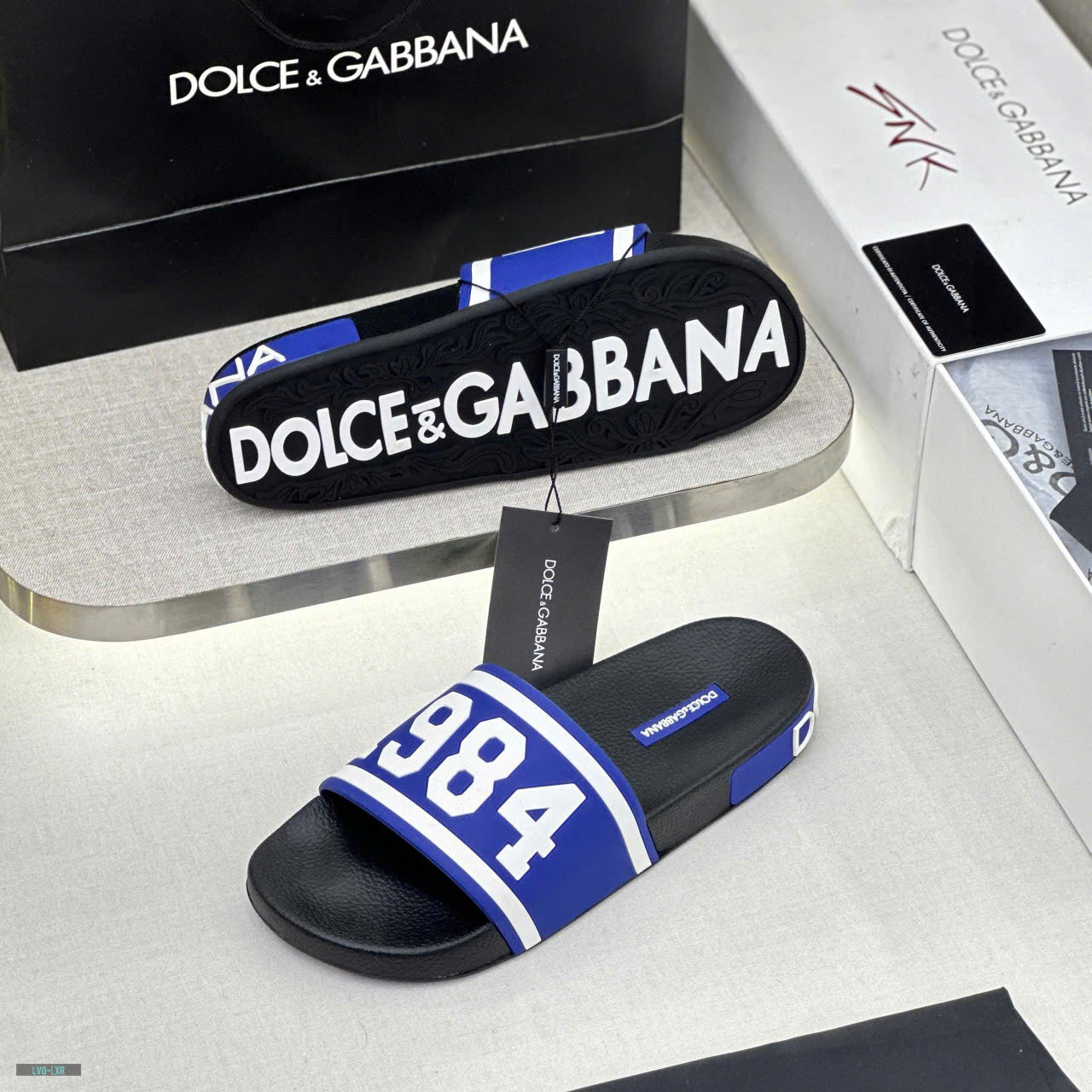 Dép lê quai ngang Dolce Gabbana DG Xanh dương logo chữ 1984 Trắng nổi Like Auth on web fullbox bill thẻ LVQ