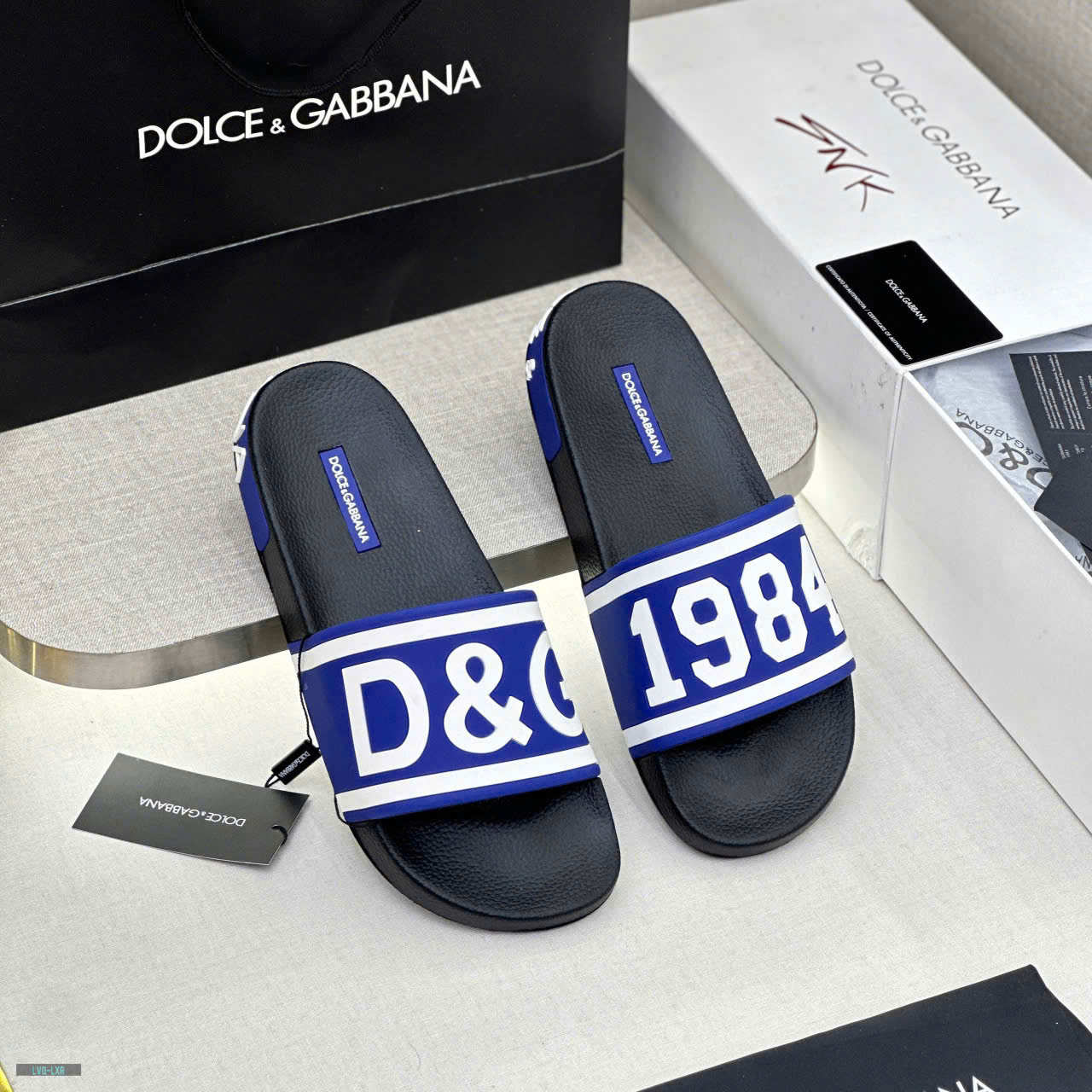 Dép lê quai ngang Dolce Gabbana DG Xanh dương logo chữ 1984 Trắng nổi Like Auth on web fullbox bill thẻ LVQ