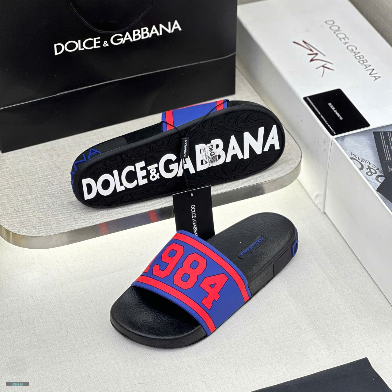 Dép lê quai ngang Dolce Gabbana DG Xanh dương logo chữ 1984 Hồng nổi Like Auth on web fullbox bill thẻ LVQ